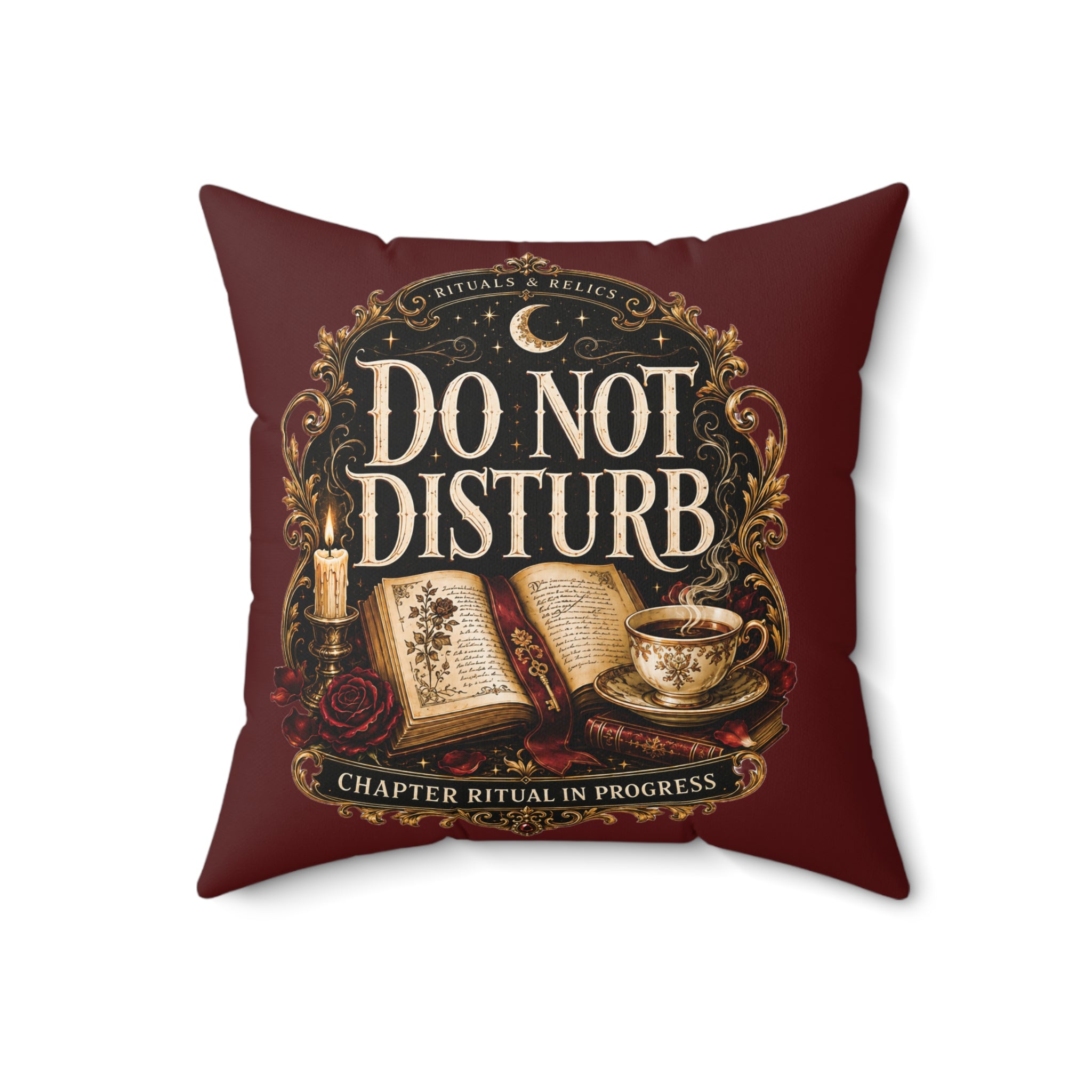 Square Pillow — "Do Not Disturb: Chapter Ritual In Progress" Cozy Reading Decor
