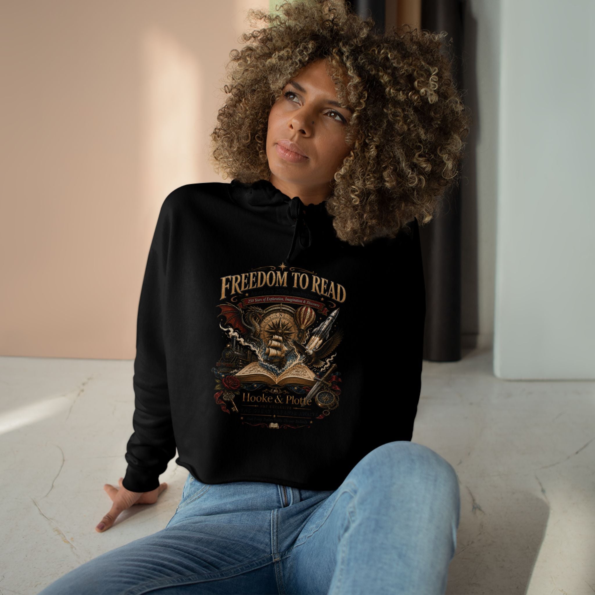 Freedom to Read Crop Hoodie — Vintage Pirate Skull Book Design