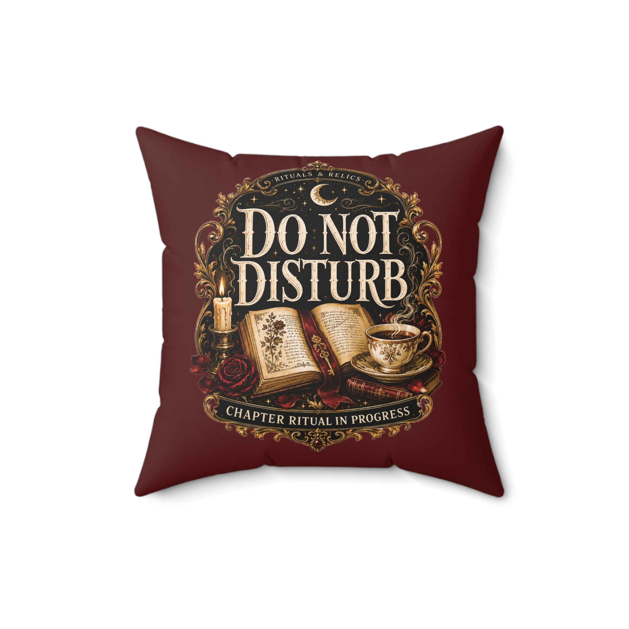 Square Pillow — "Do Not Disturb: Chapter Ritual In Progress" Cozy Reading Decor