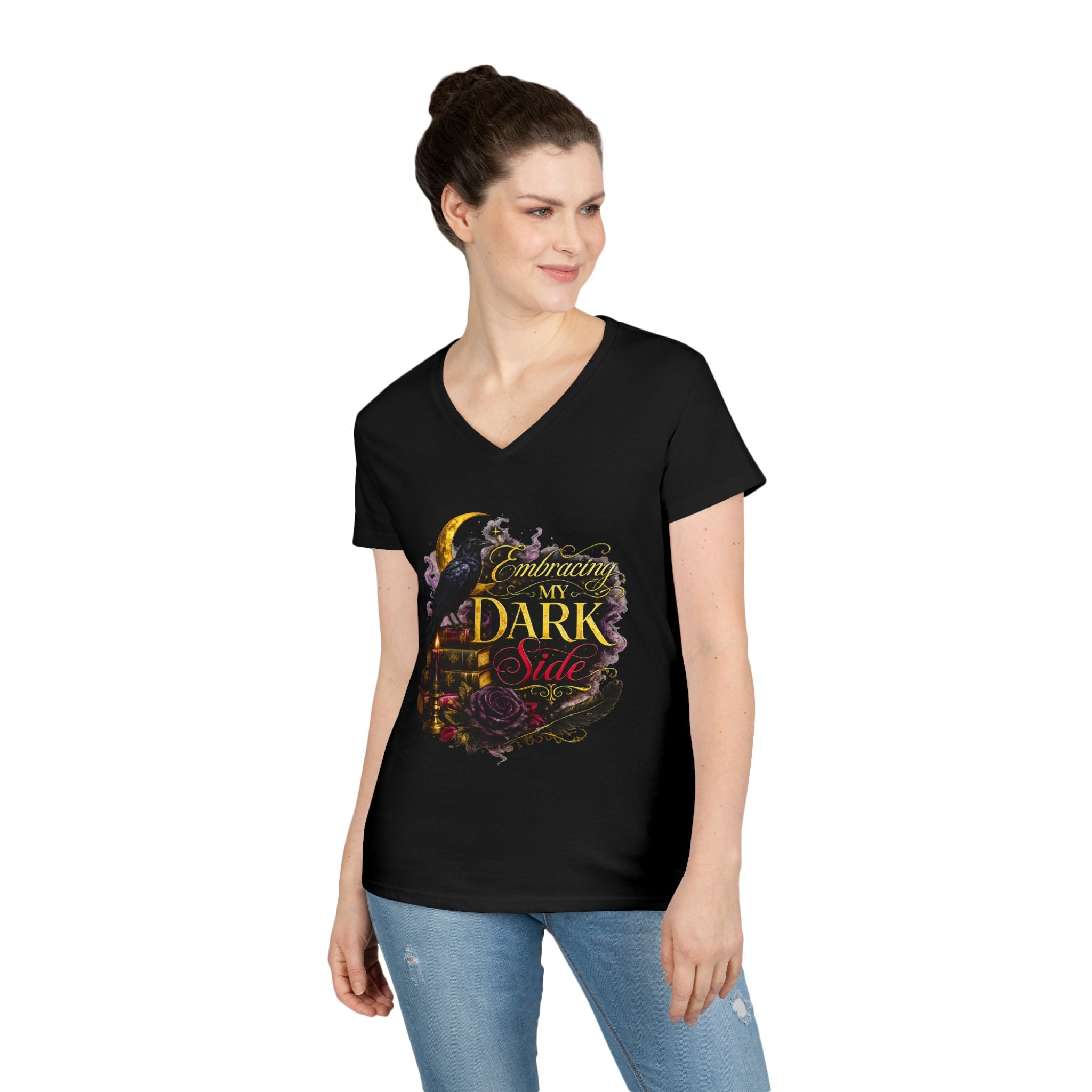 Embracing My Dark Side Ladies' V-Neck T-Shirt — Gothic Raven Moon Graphic Tee