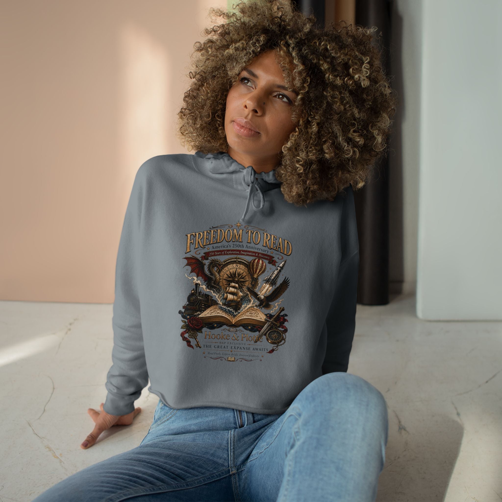 Freedom to Read Crop Hoodie — Vintage Pirate Skull Book Design