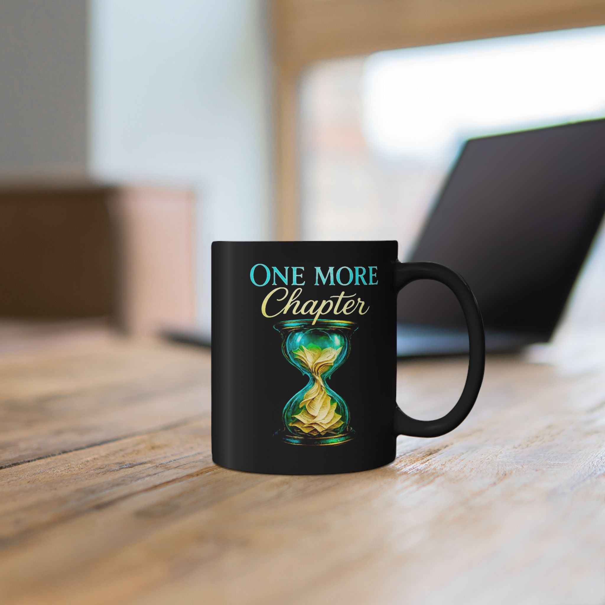 One More Chapter Book Lover Mug — Black Ceramic Coffee Cup with Hourglass Design