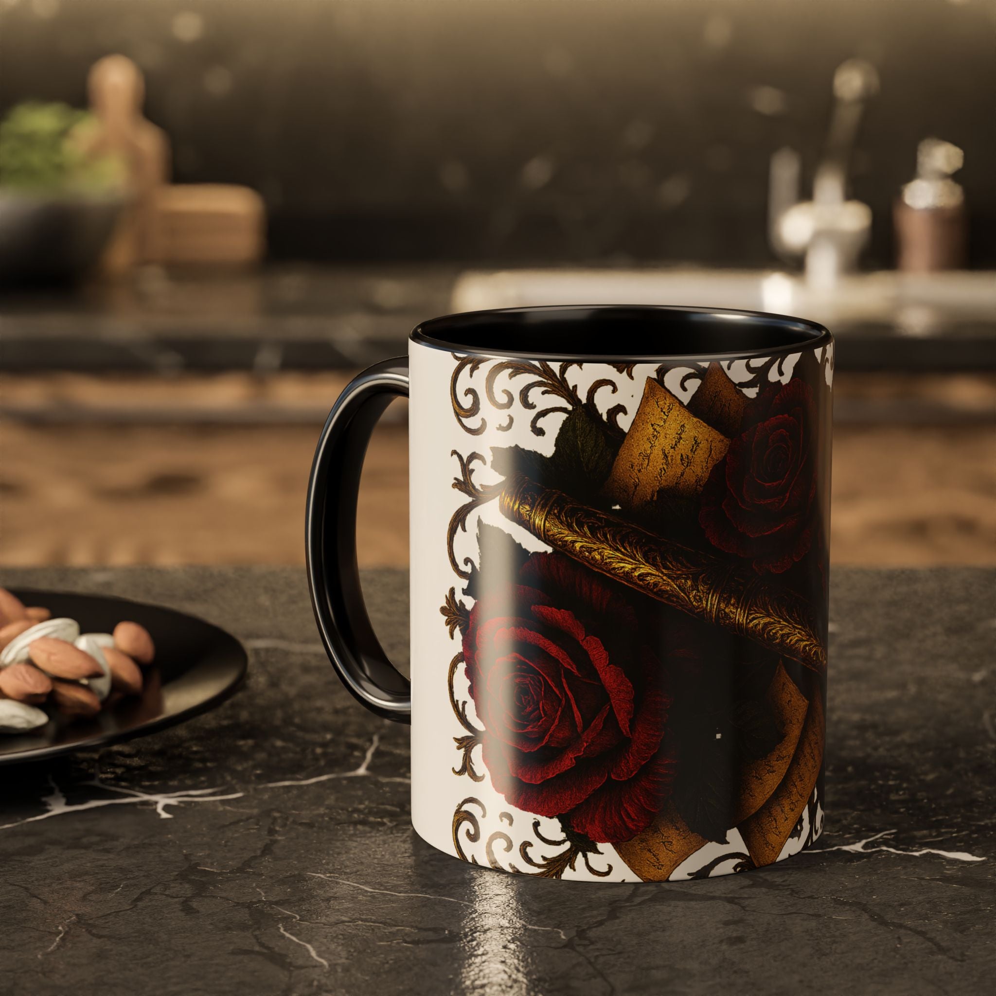 Red Rose & Quill Ceramic Mug — Gothic Floral Coffee Cup (11oz/15oz)
