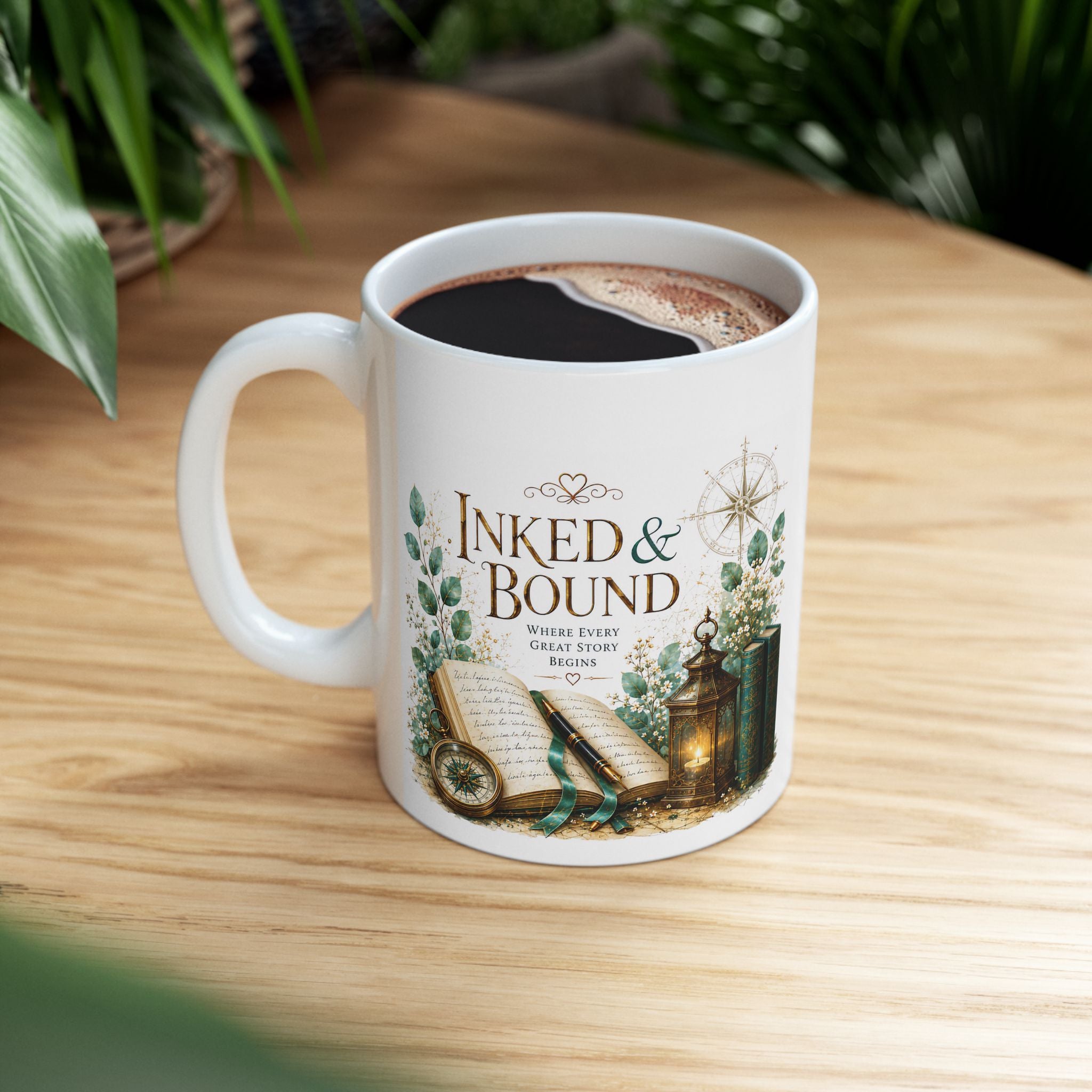 Bookish Ceramic Mug — "Ink & Bound" Vintage Library Coffee Cup (11oz/15oz)