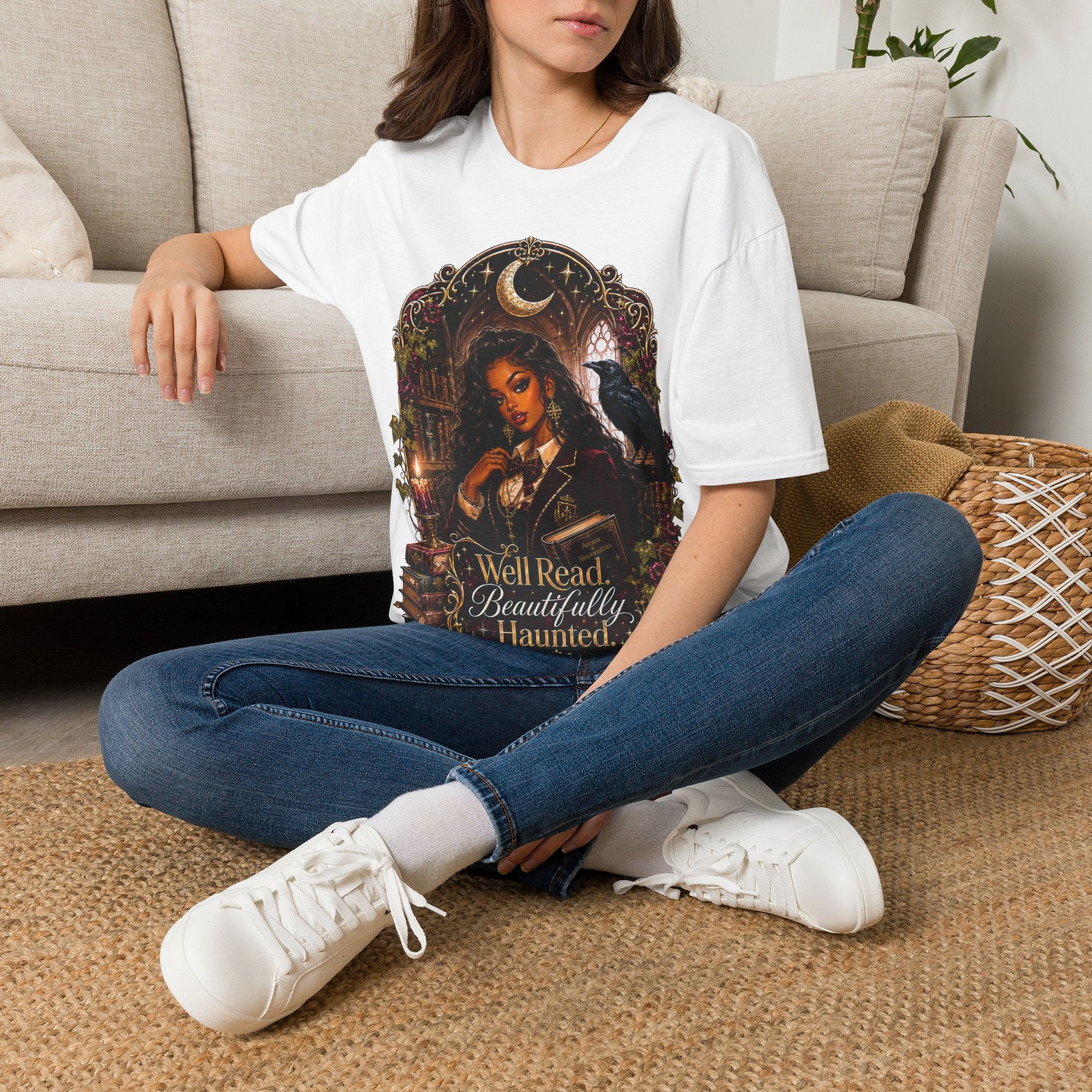 Witchy Moon T-Shirt — 'Well Read, Beautifully Haunted' Gothic Raven Tee