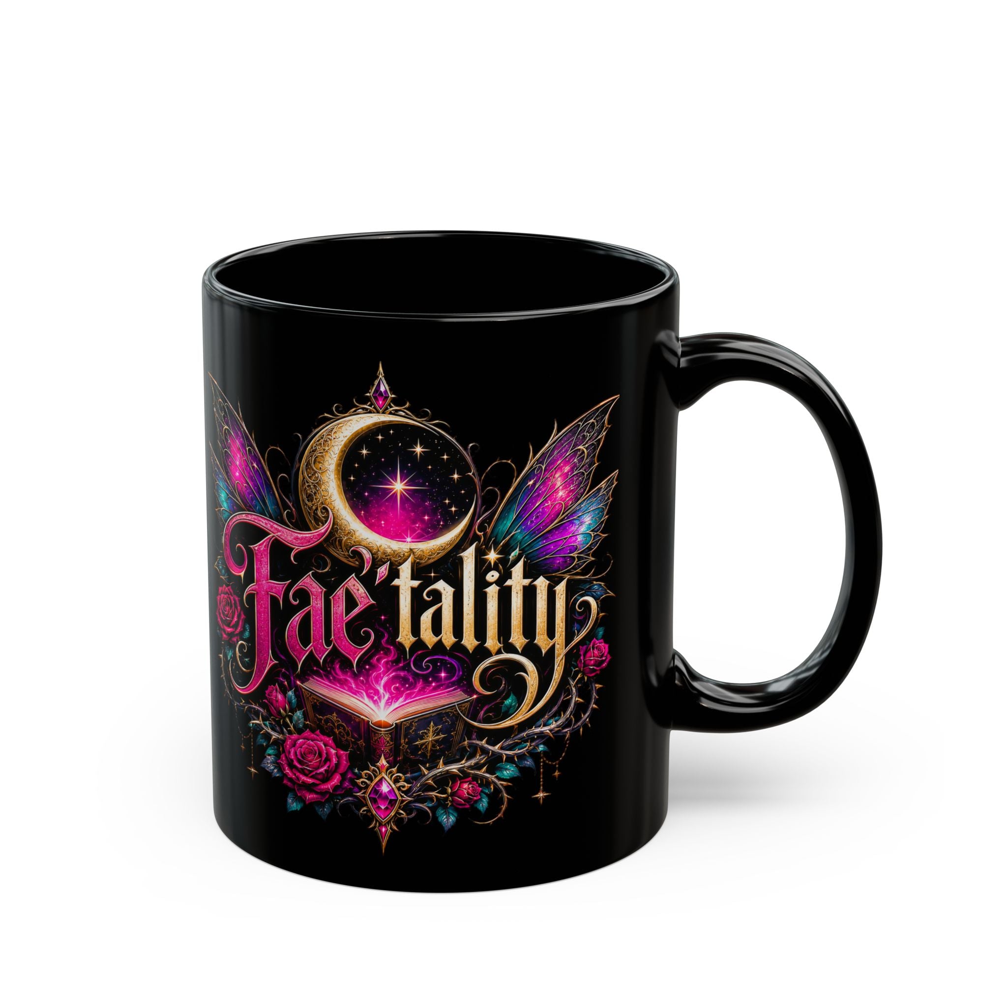 Faetality Black Mug — Gothic Moon & Fairy Wings 11/15oz