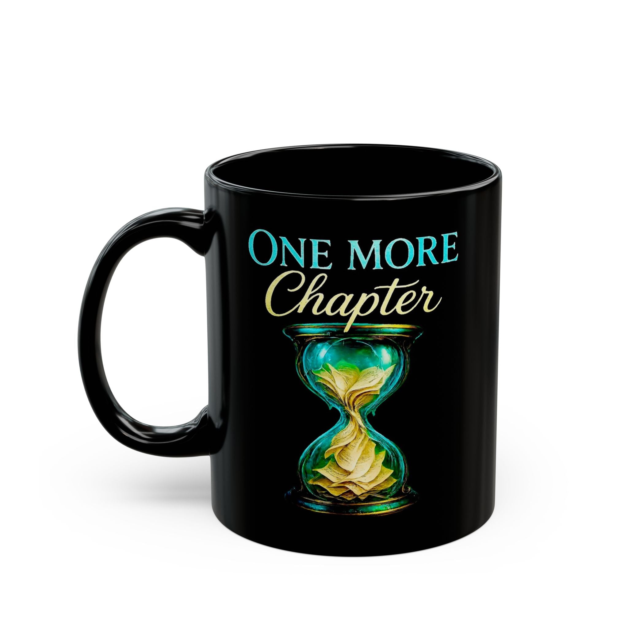 One More Chapter Book Lover Mug — Black Ceramic Coffee Cup with Hourglass Design