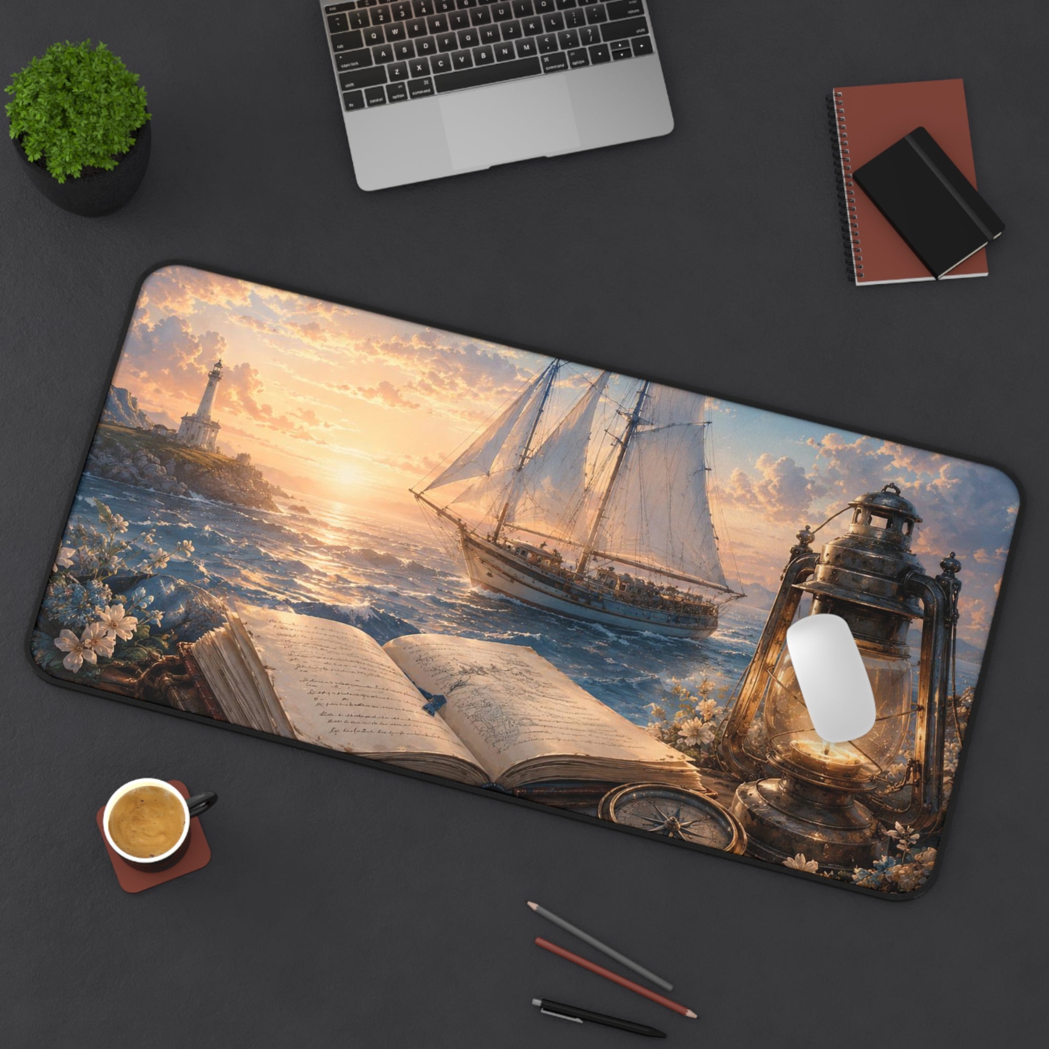 Nautical Sunset Desk Mat — Vintage Sailboat, Lantern & Open Book Coastal Mousepad