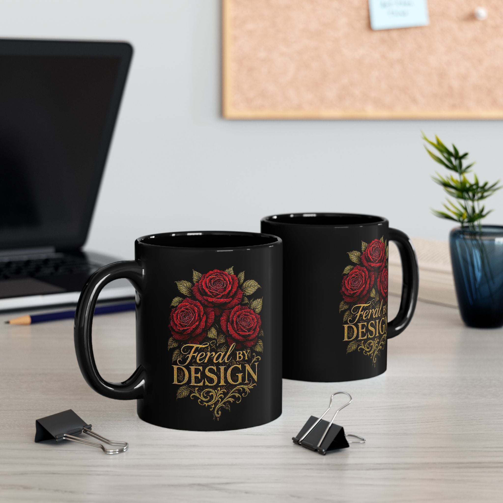 Feral by Design Black Coffee Mug – Red Rose Gothic Floral 11oz/15oz
