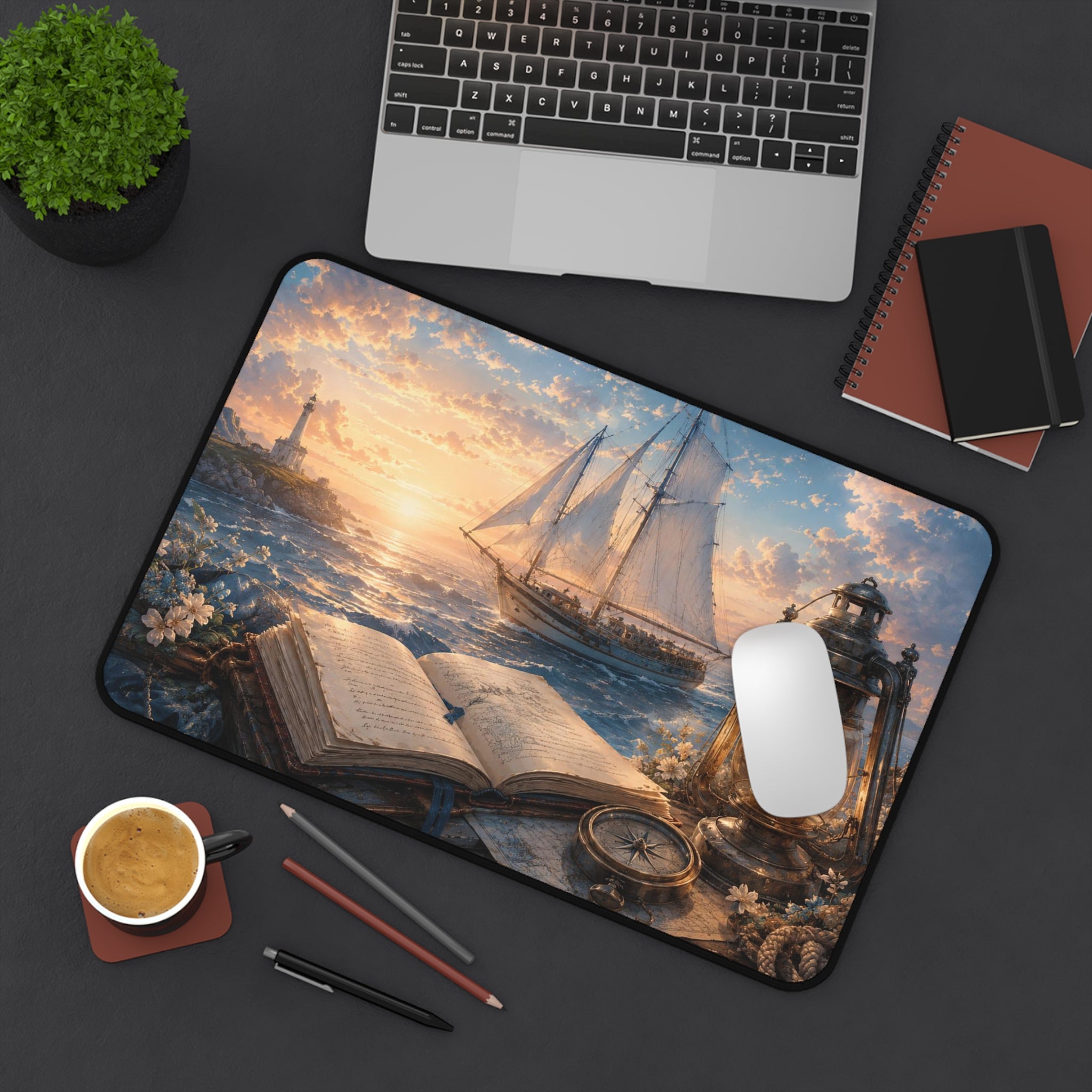 Nautical Sunset Desk Mat — Vintage Sailboat, Lantern & Open Book Coastal Mousepad