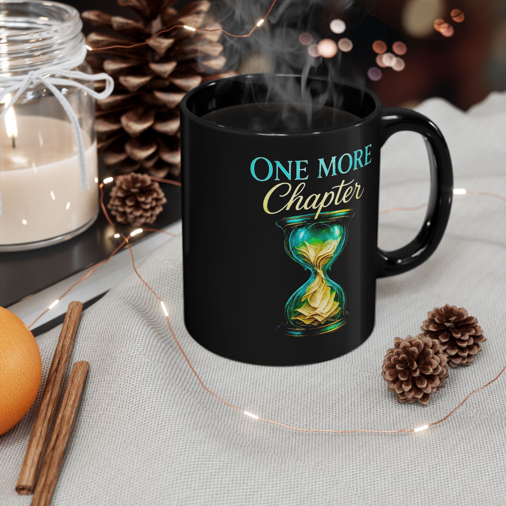 One More Chapter Book Lover Mug — Black Ceramic Coffee Cup with Hourglass Design