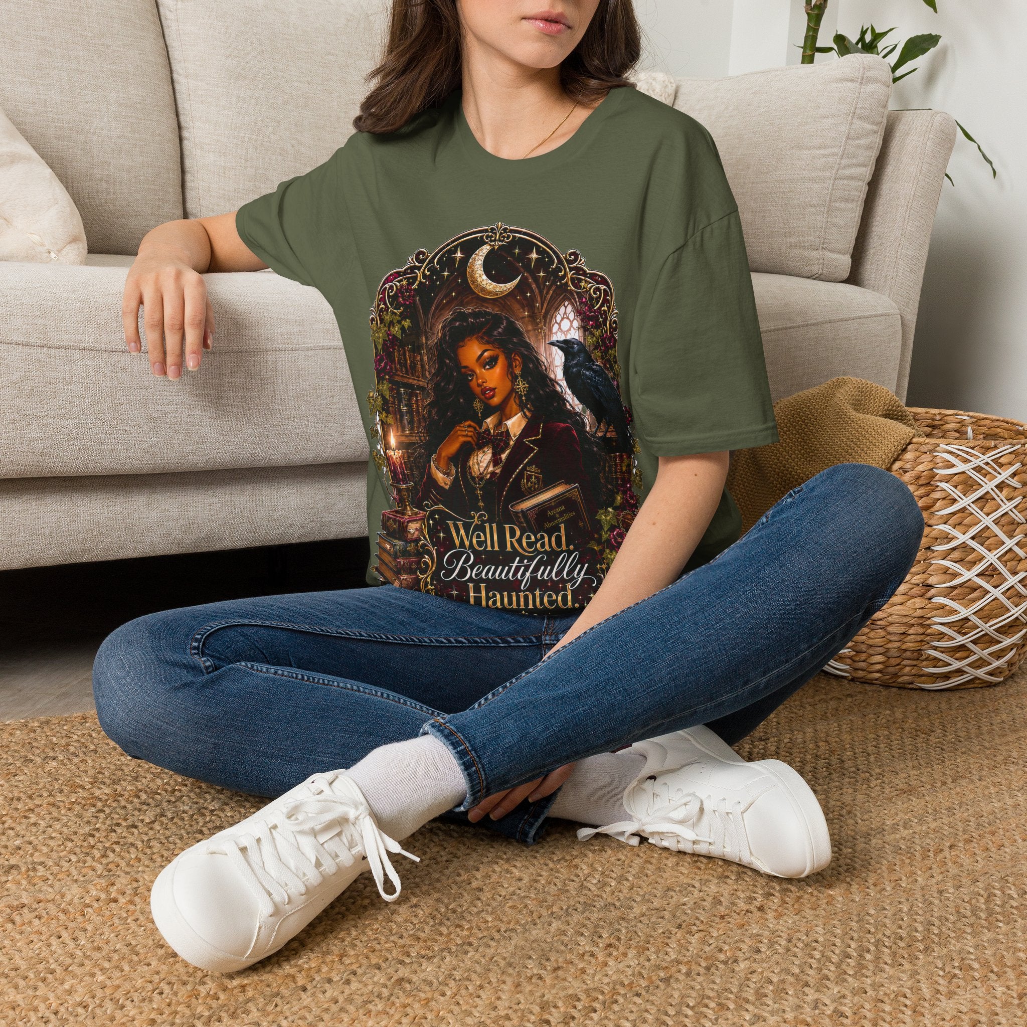 Witchy Moon T-Shirt — 'Well Read, Beautifully Haunted' Gothic Raven Tee