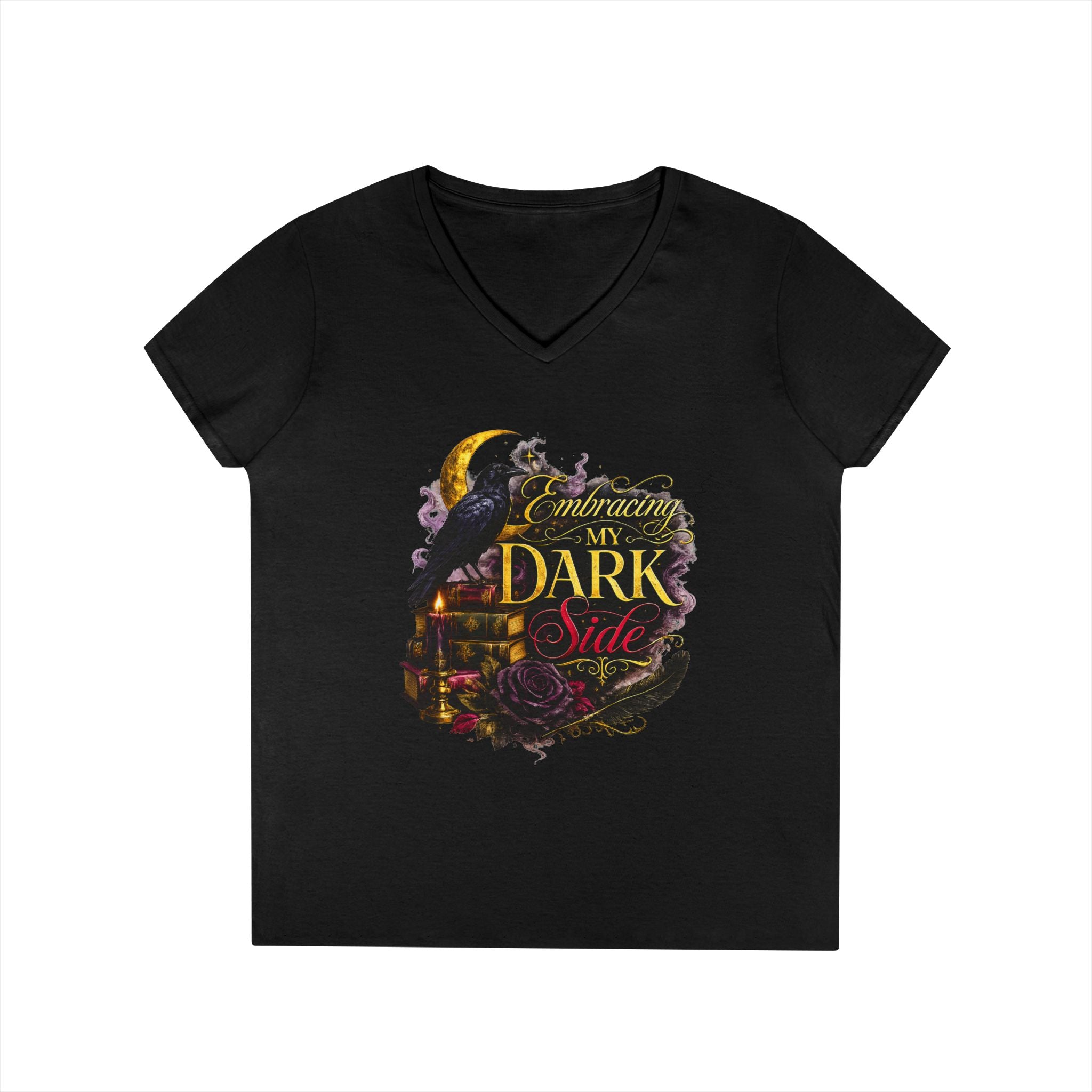 Embracing My Dark Side Ladies' V-Neck T-Shirt — Gothic Raven Moon Graphic Tee
