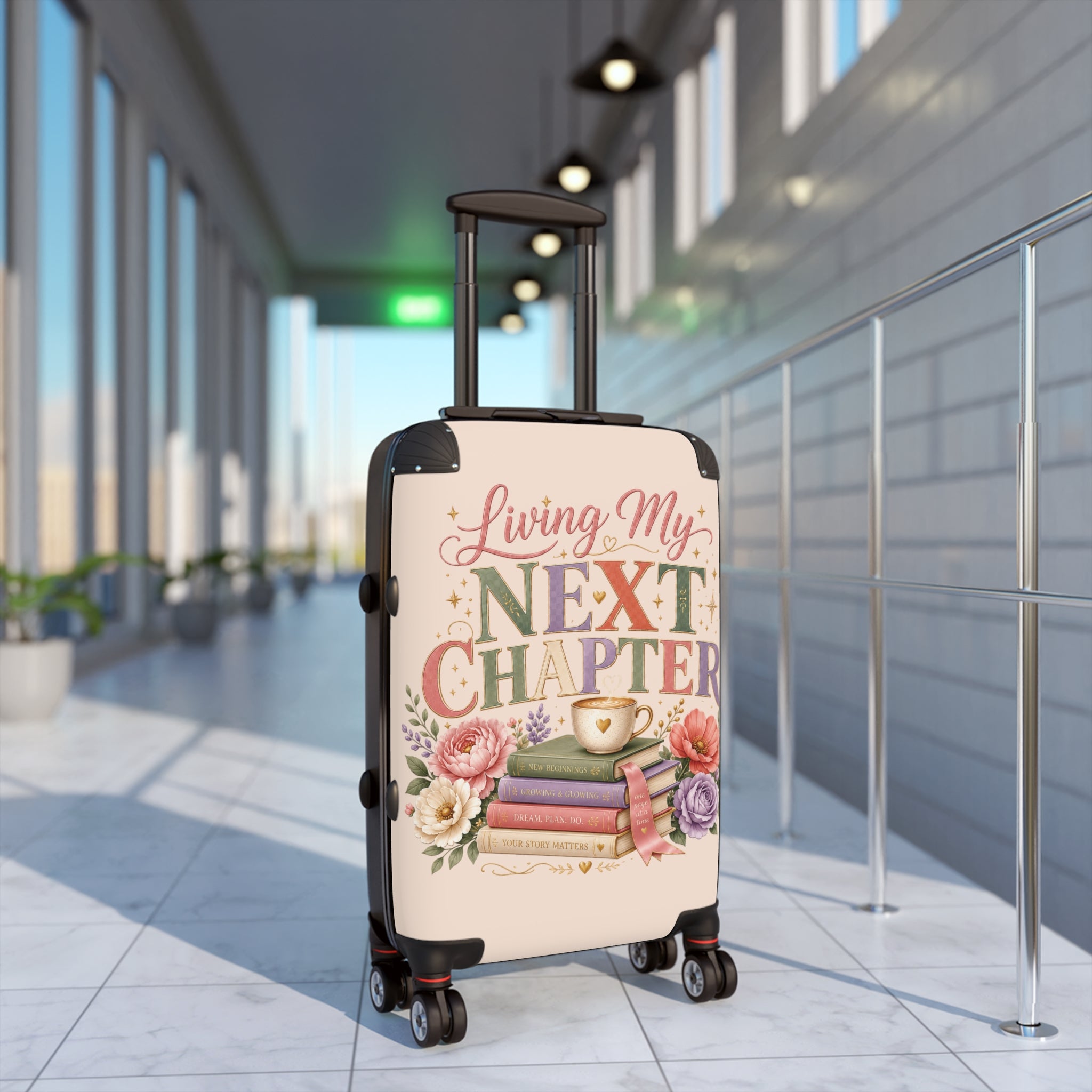 Suitcase — "Living My Next Chapter" Travel Carry-On with Floral Book Design