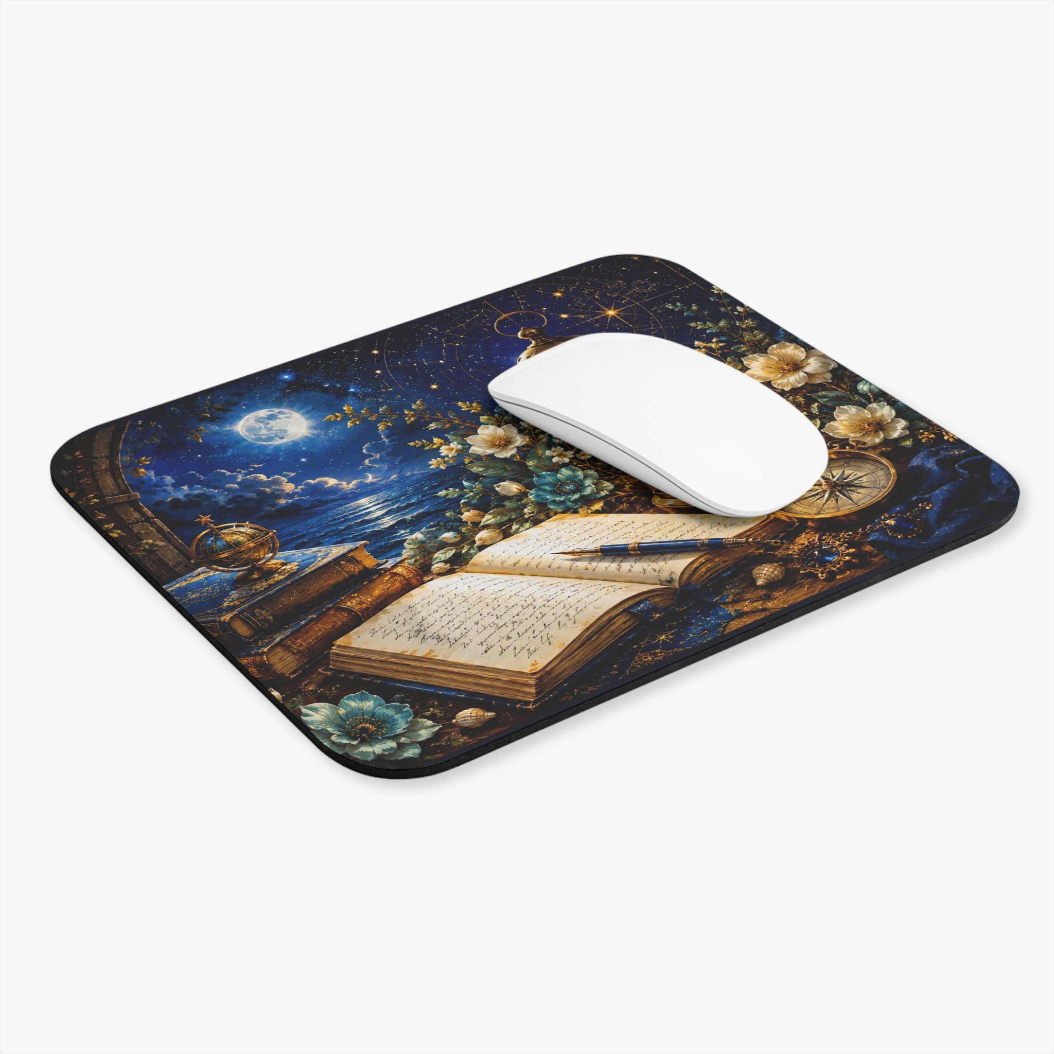 Enchanted Night Desk Mouse Pad — Lantern, Compass & Open Journal Design