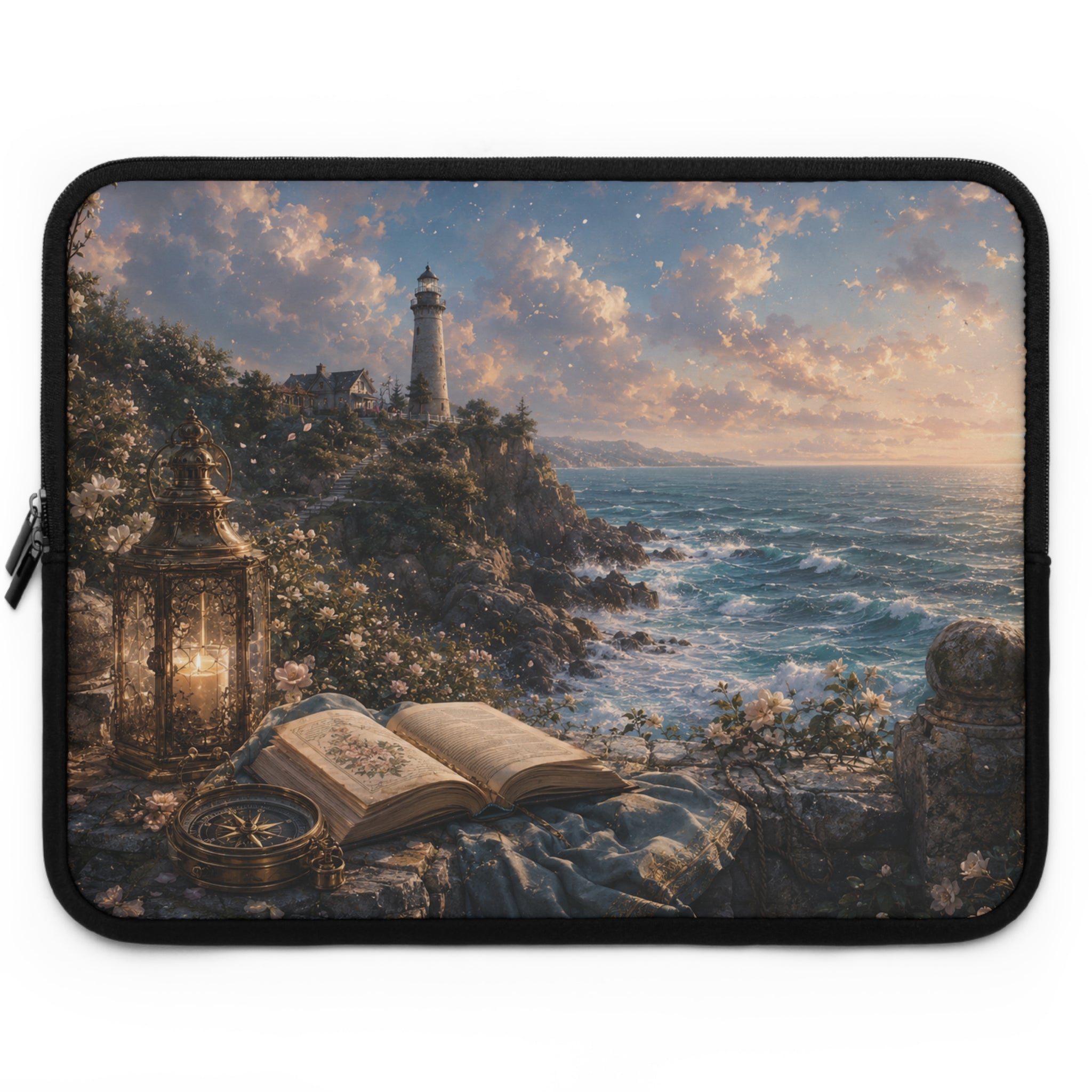 Ocean Lighthouse Laptop Sleeve — Coastal Fantasy Design with Open Book & Lantern