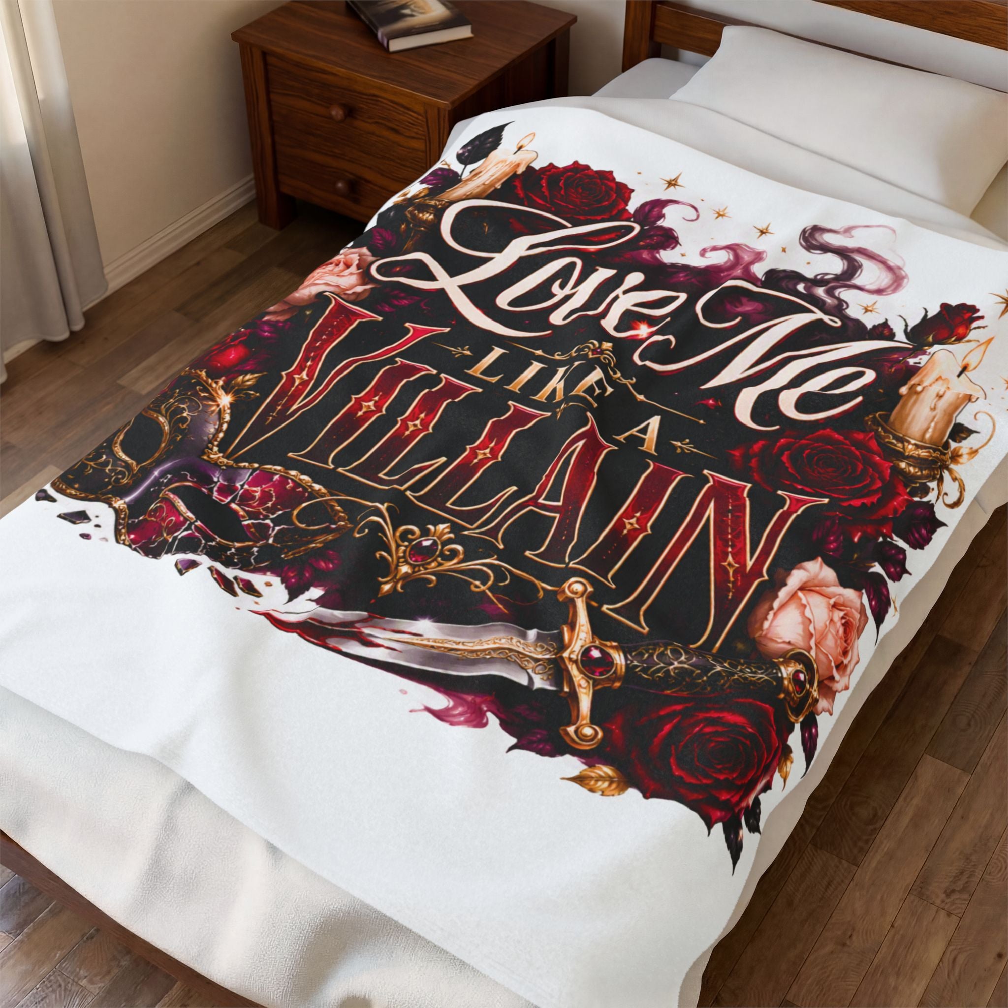 Love Me Like a Villain Velveteen Plush Blanket — Gothic Rose Cozy Throw