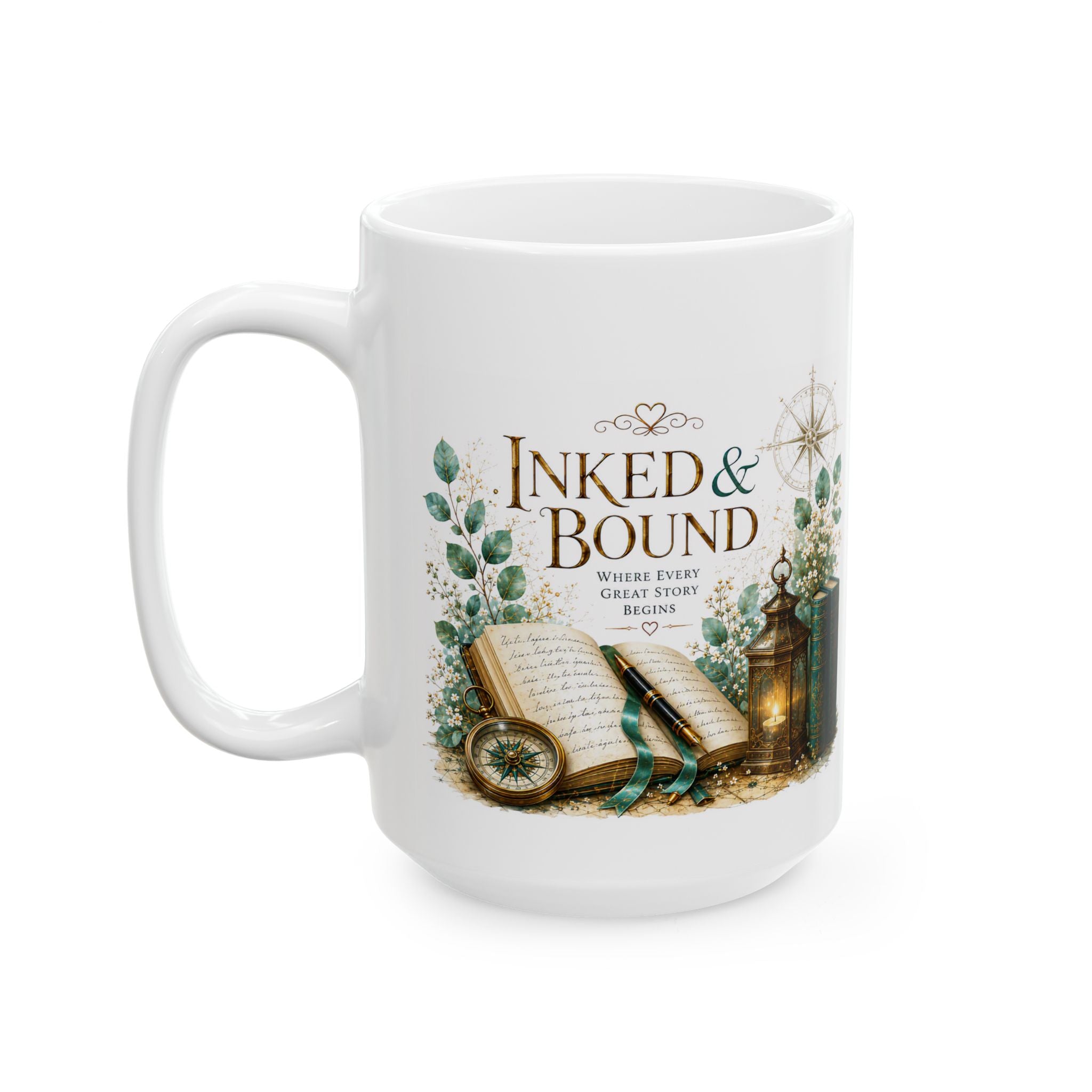 Bookish Ceramic Mug — "Ink & Bound" Vintage Library Coffee Cup (11oz/15oz)