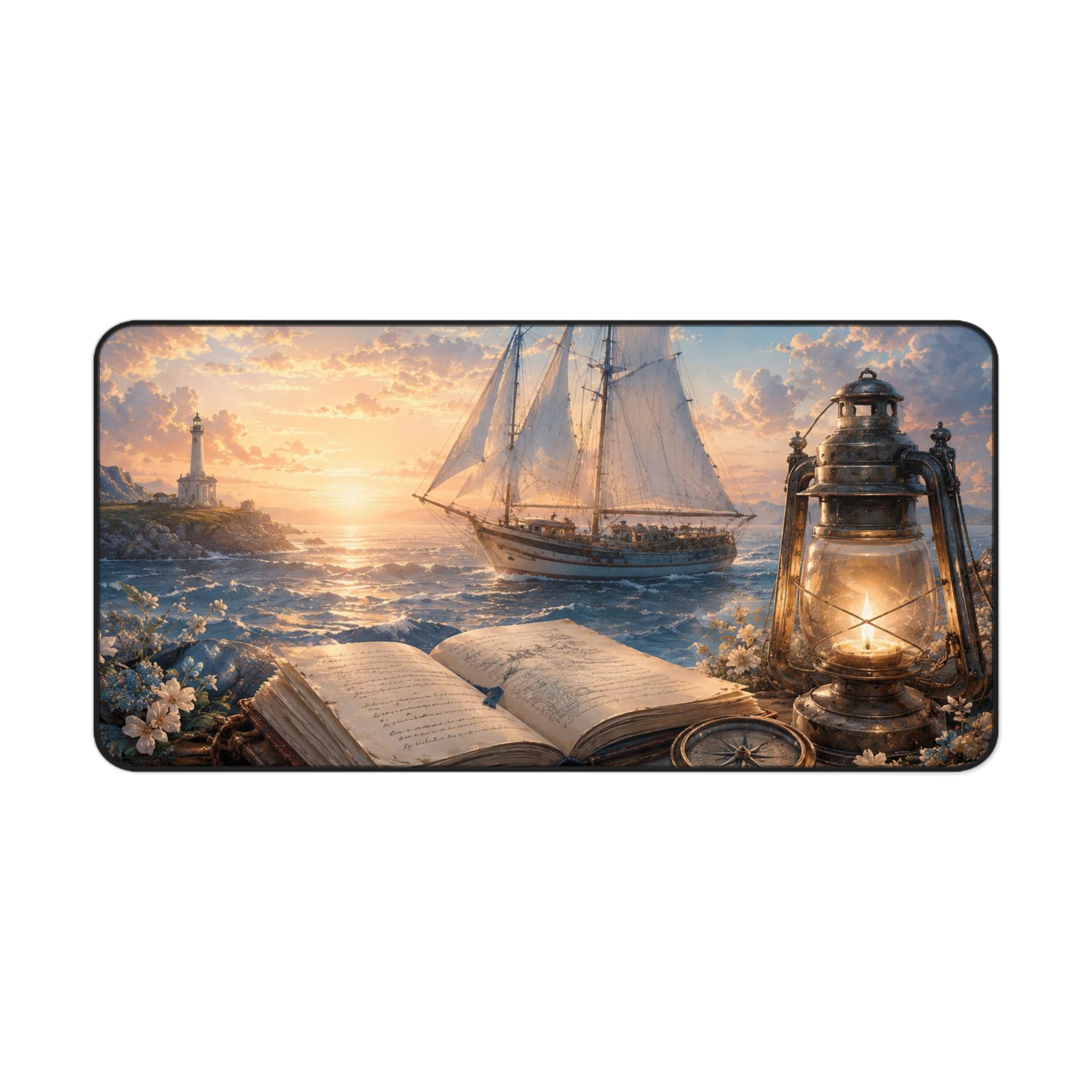 Nautical Sunset Desk Mat — Vintage Sailboat, Lantern & Open Book Coastal Mousepad