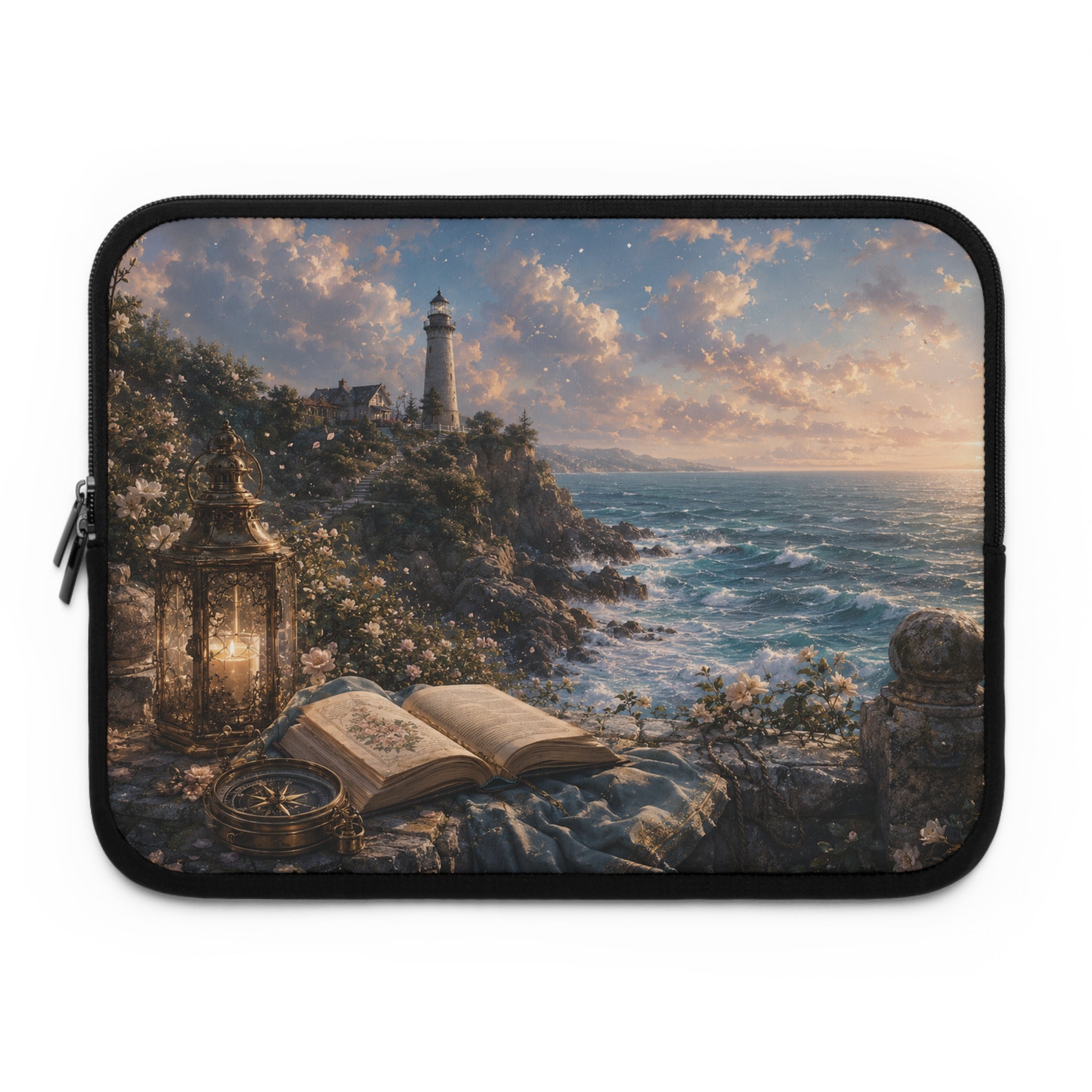 Ocean Lighthouse Laptop Sleeve — Coastal Fantasy Design with Open Book & Lantern