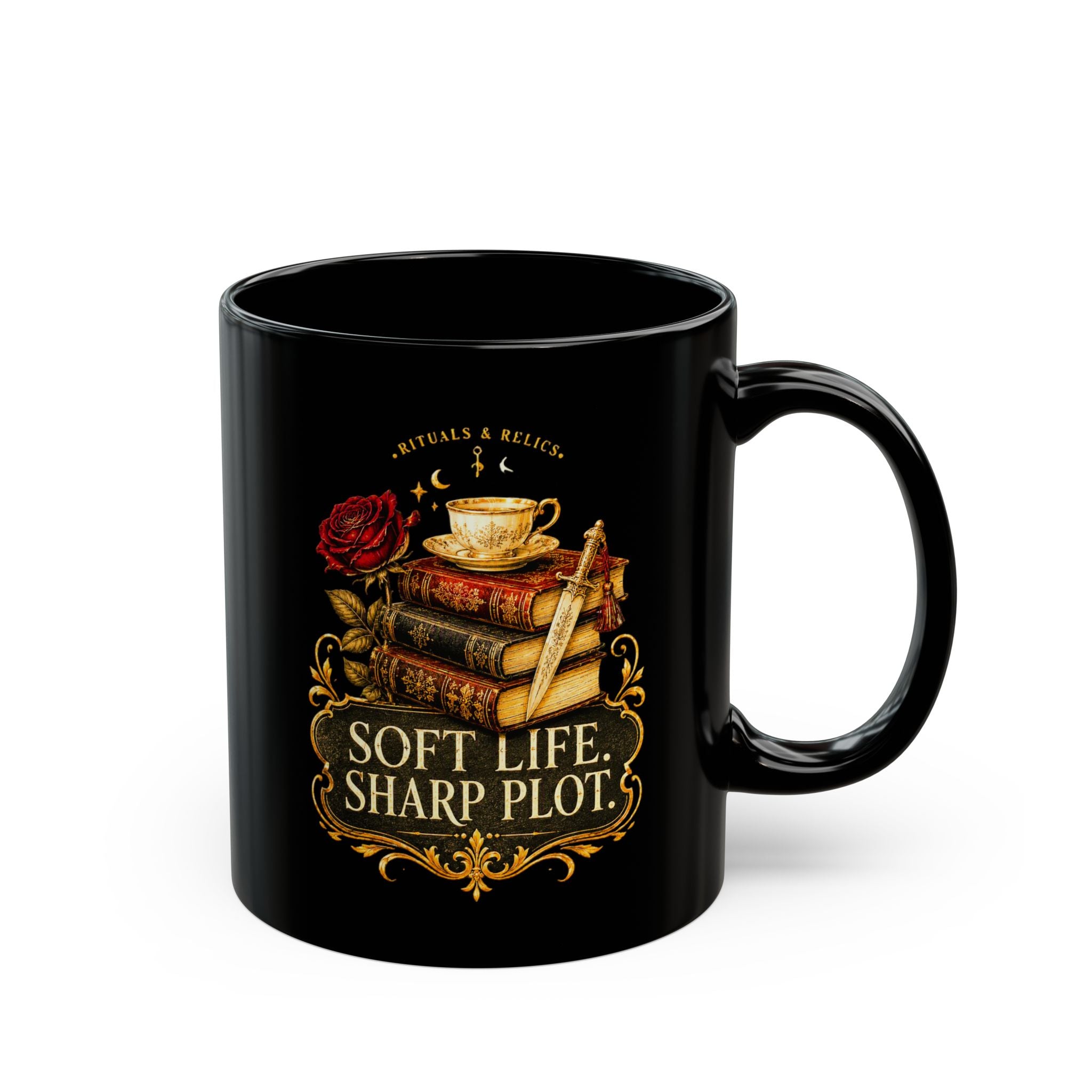 Soft Life, Sharp Plot Mug — Literary Coffee Cup with Books, Tea & Rose Design