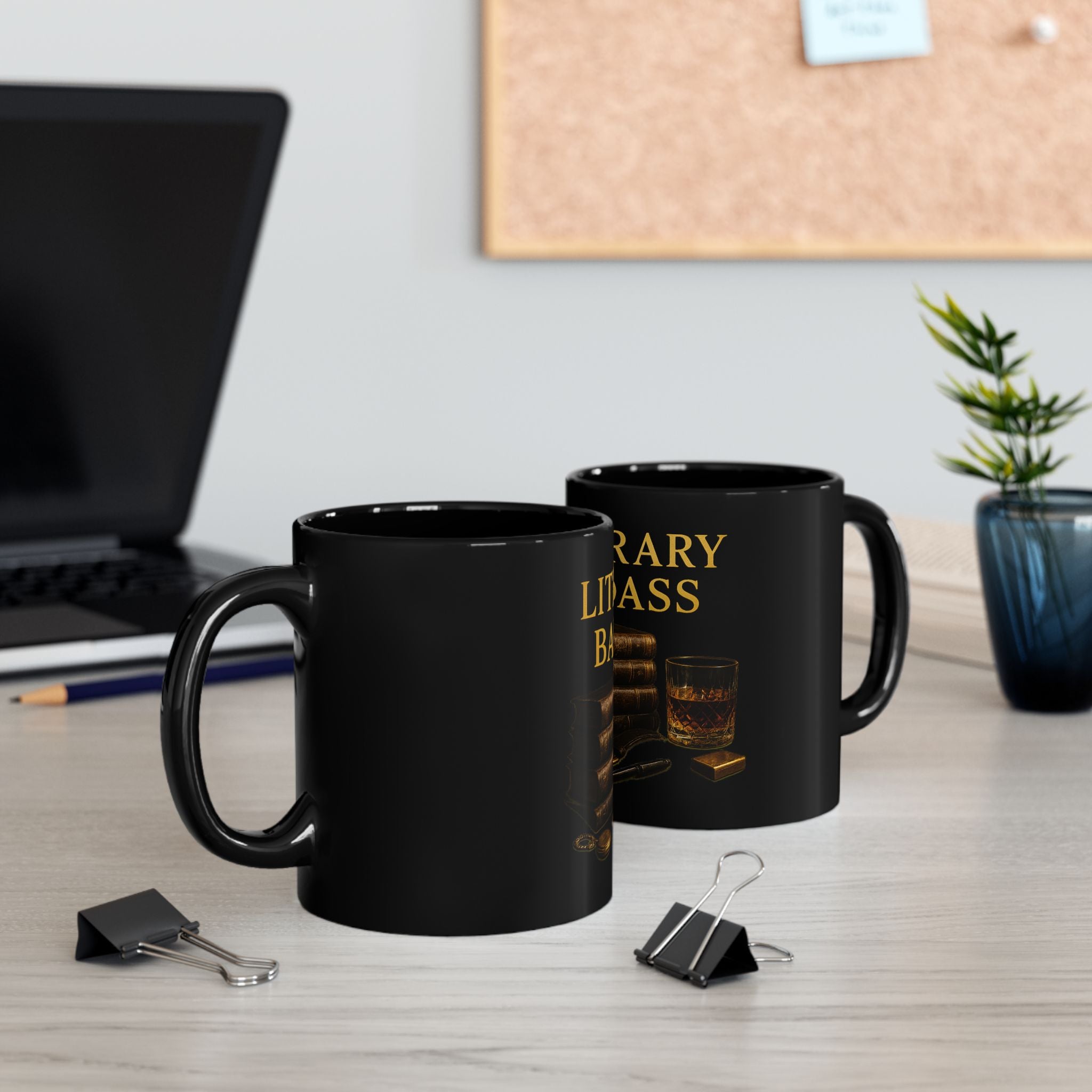 Literary Badass Mug – Black Coffee Cup for Book Lovers with Books & Whiskey Design