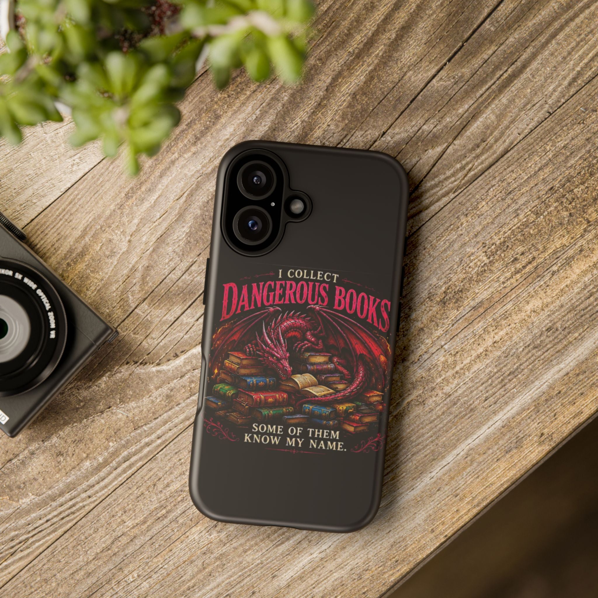 Phone Case — "I Collect Dangerous Books" Dragon Bookshelf Protective Cover