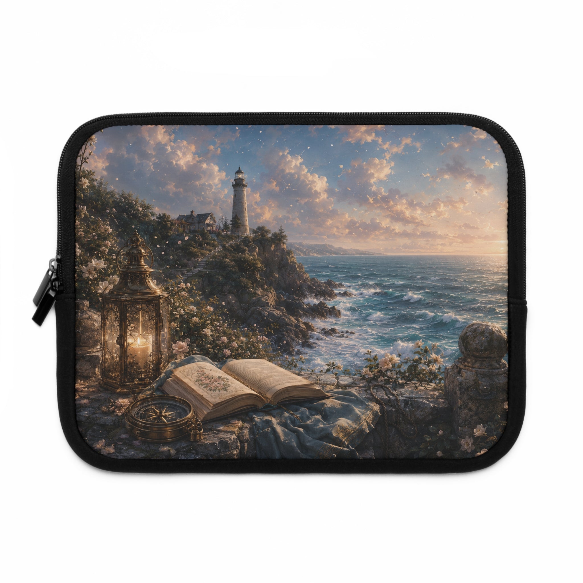 Ocean Lighthouse Laptop Sleeve — Coastal Fantasy Design with Open Book & Lantern