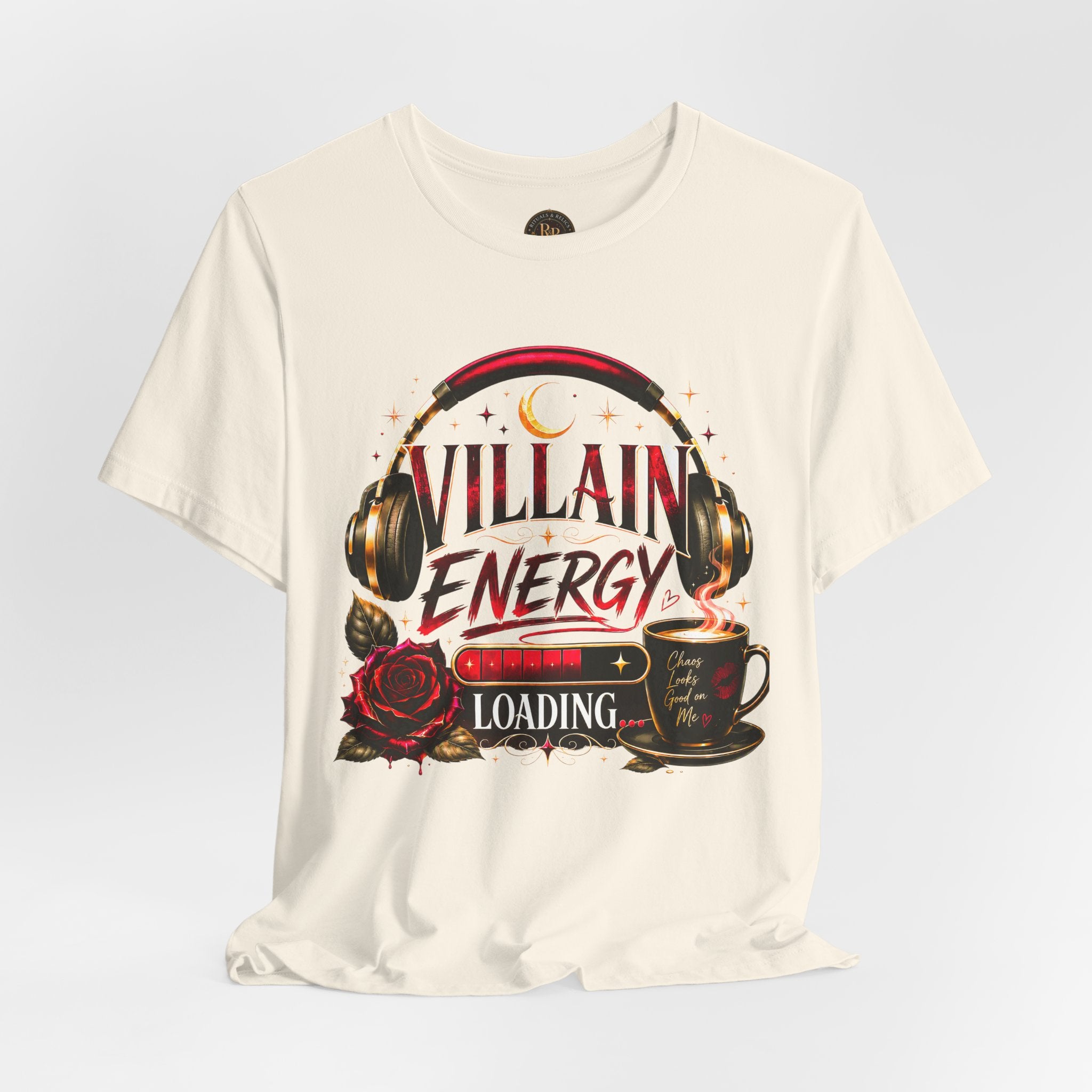 Villain Energy Loading T-Shirt — Funny Coffee & Headphones Graphic Tee