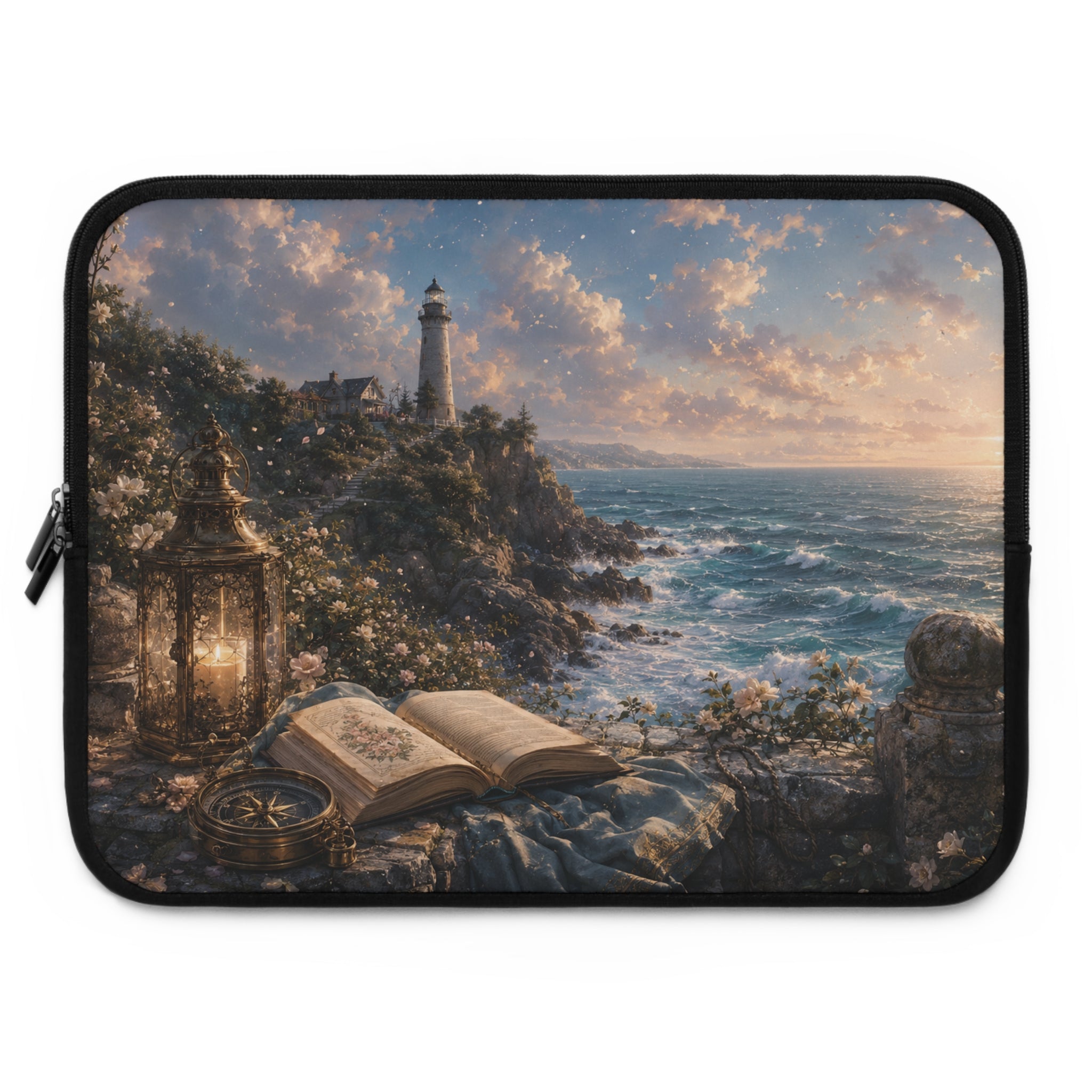 Ocean Lighthouse Laptop Sleeve — Coastal Fantasy Design with Open Book & Lantern