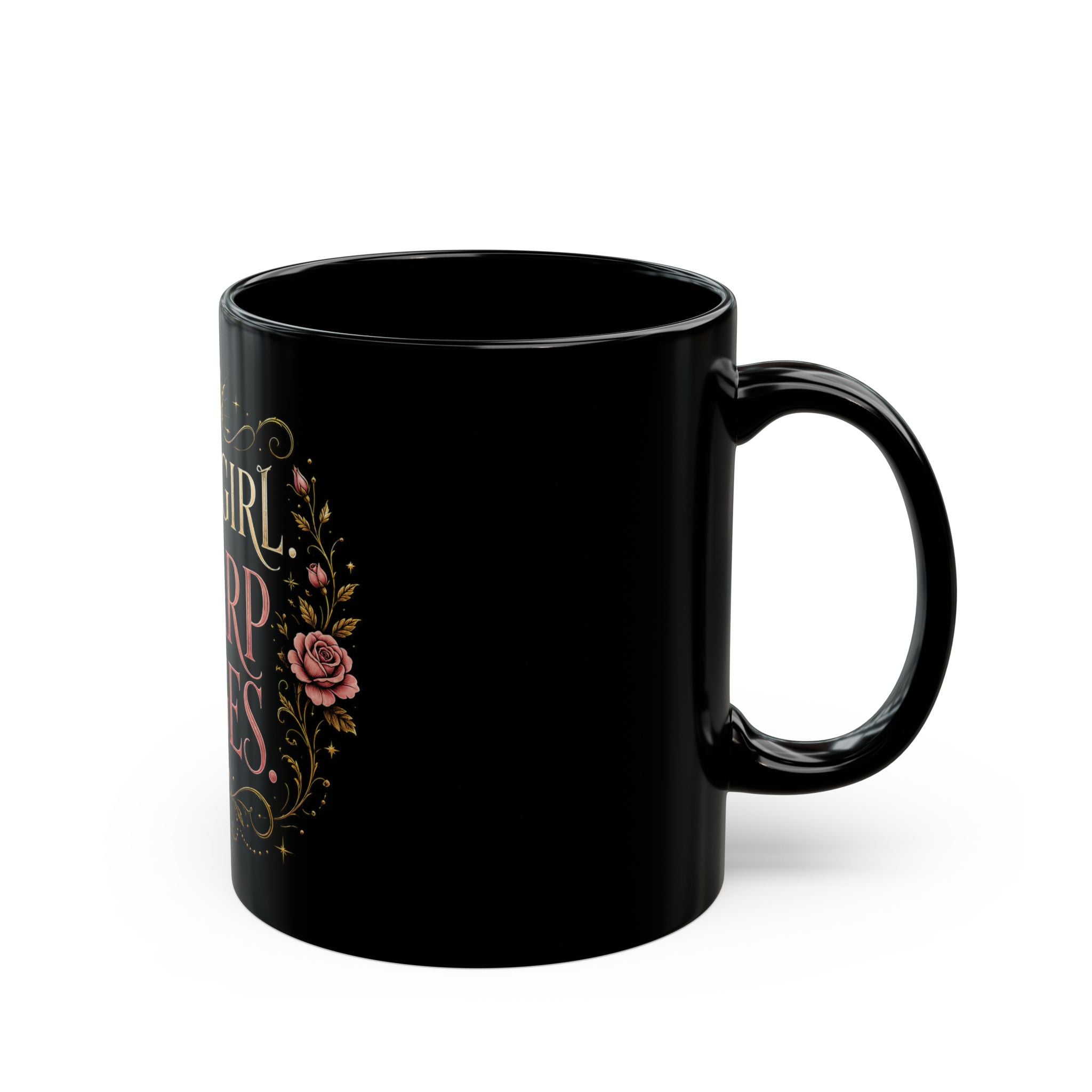 Soft Girl, Sharp Edges Black Mug — Floral Crown Gothic Coffee Cup (11oz/15oz)