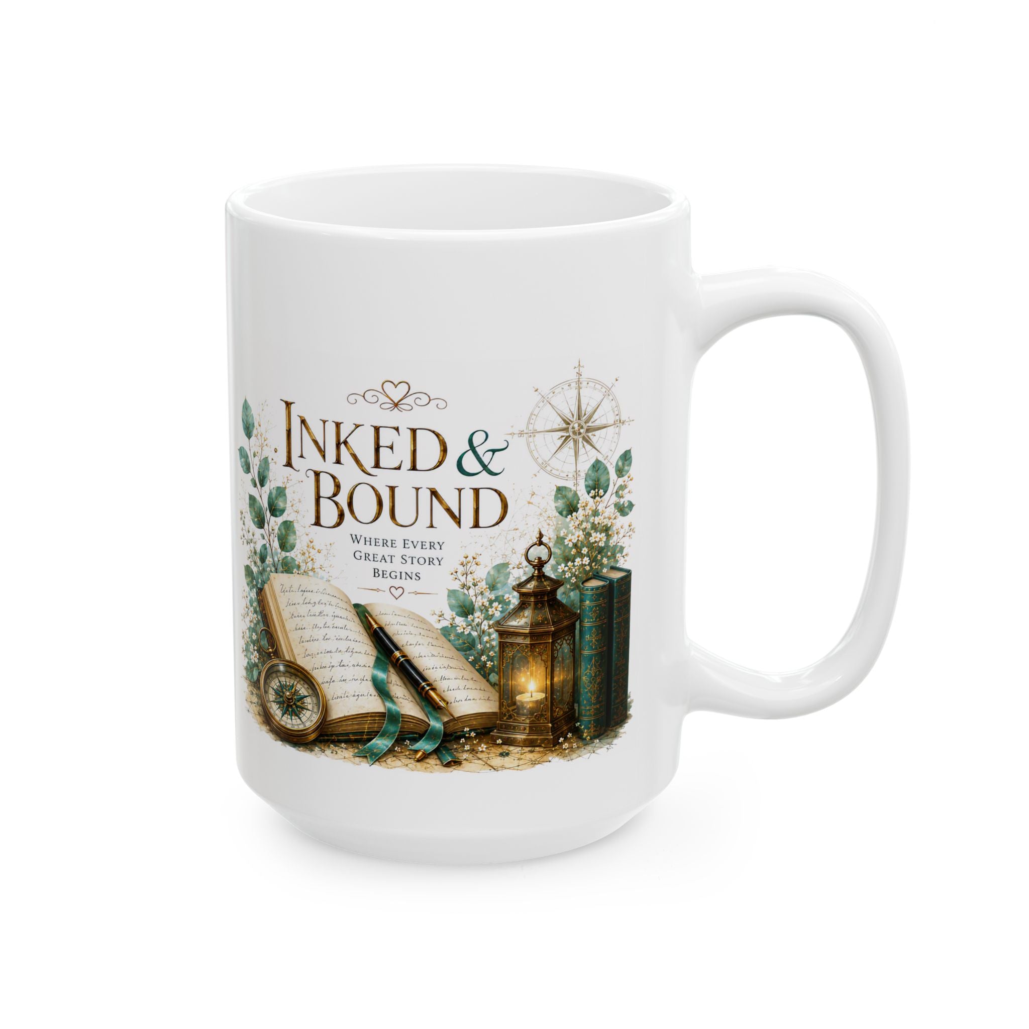 Bookish Ceramic Mug — "Ink & Bound" Vintage Library Coffee Cup (11oz/15oz)