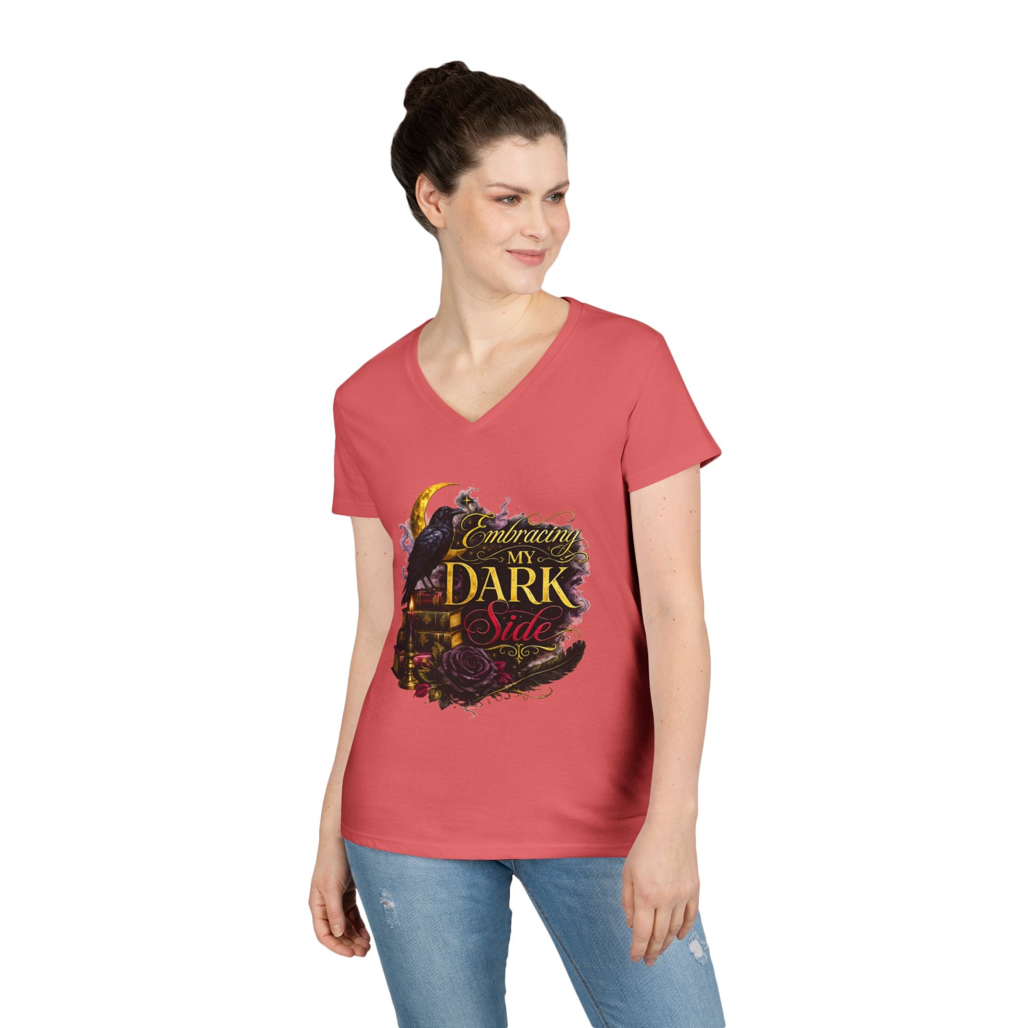 Embracing My Dark Side Ladies' V-Neck T-Shirt — Gothic Raven Moon Graphic Tee