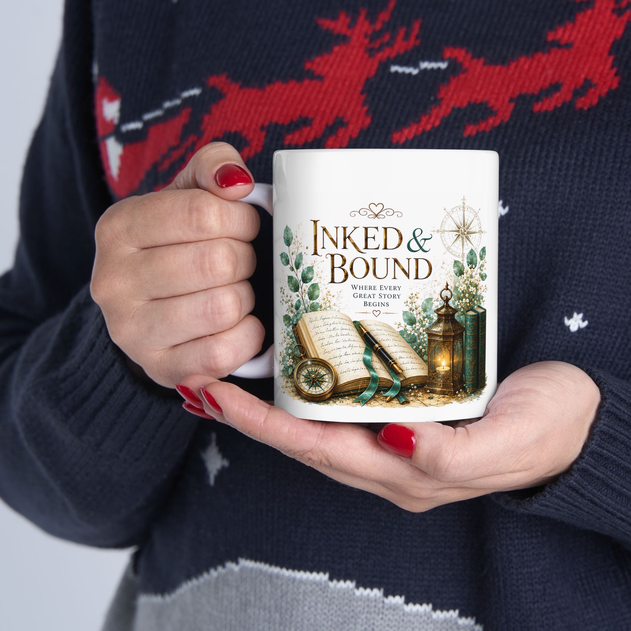 Bookish Ceramic Mug — "Ink & Bound" Vintage Library Coffee Cup (11oz/15oz)