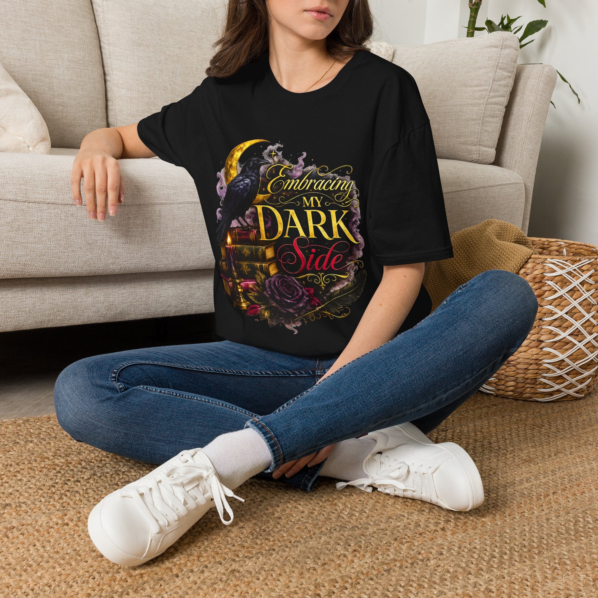 Embracing My Dark Side T-Shirt – Gothic Raven Moon Graphic Tee