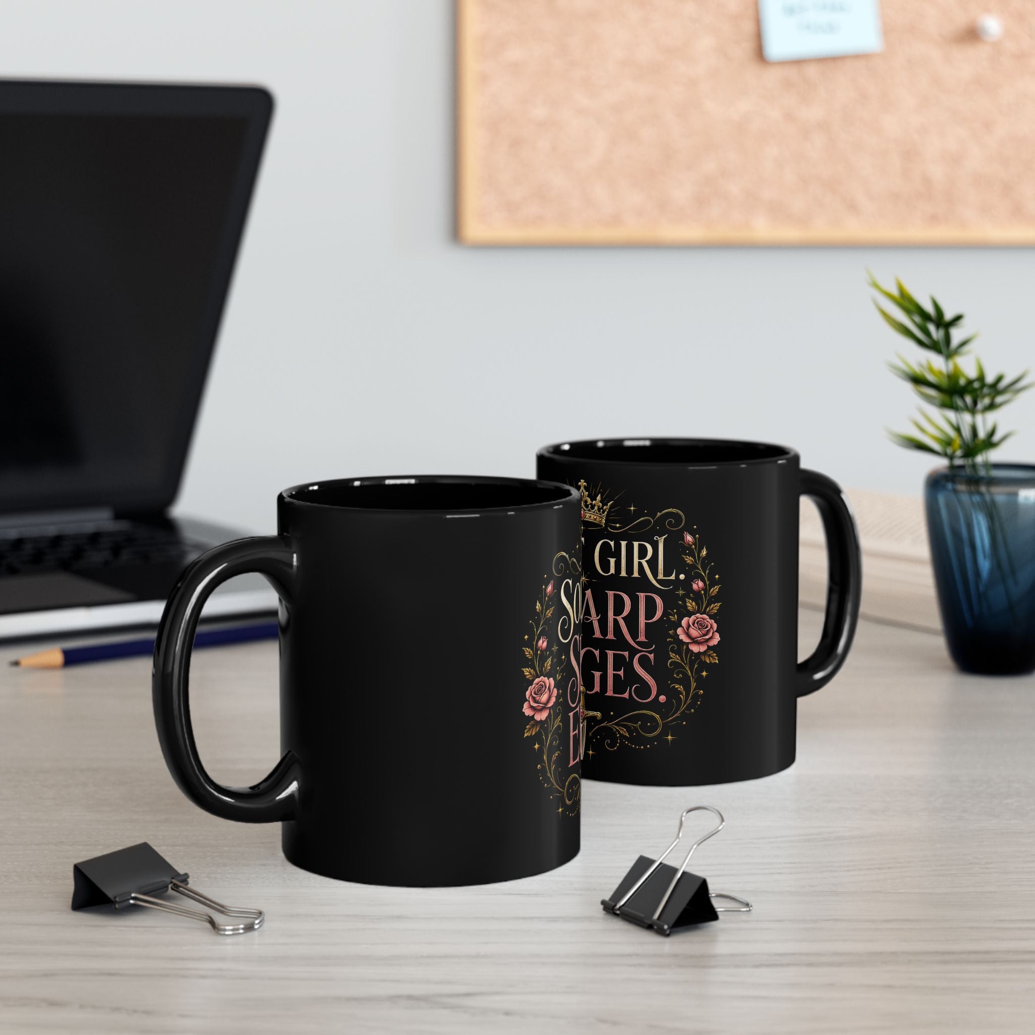 Soft Girl, Sharp Edges Black Mug — Floral Crown Gothic Coffee Cup (11oz/15oz)