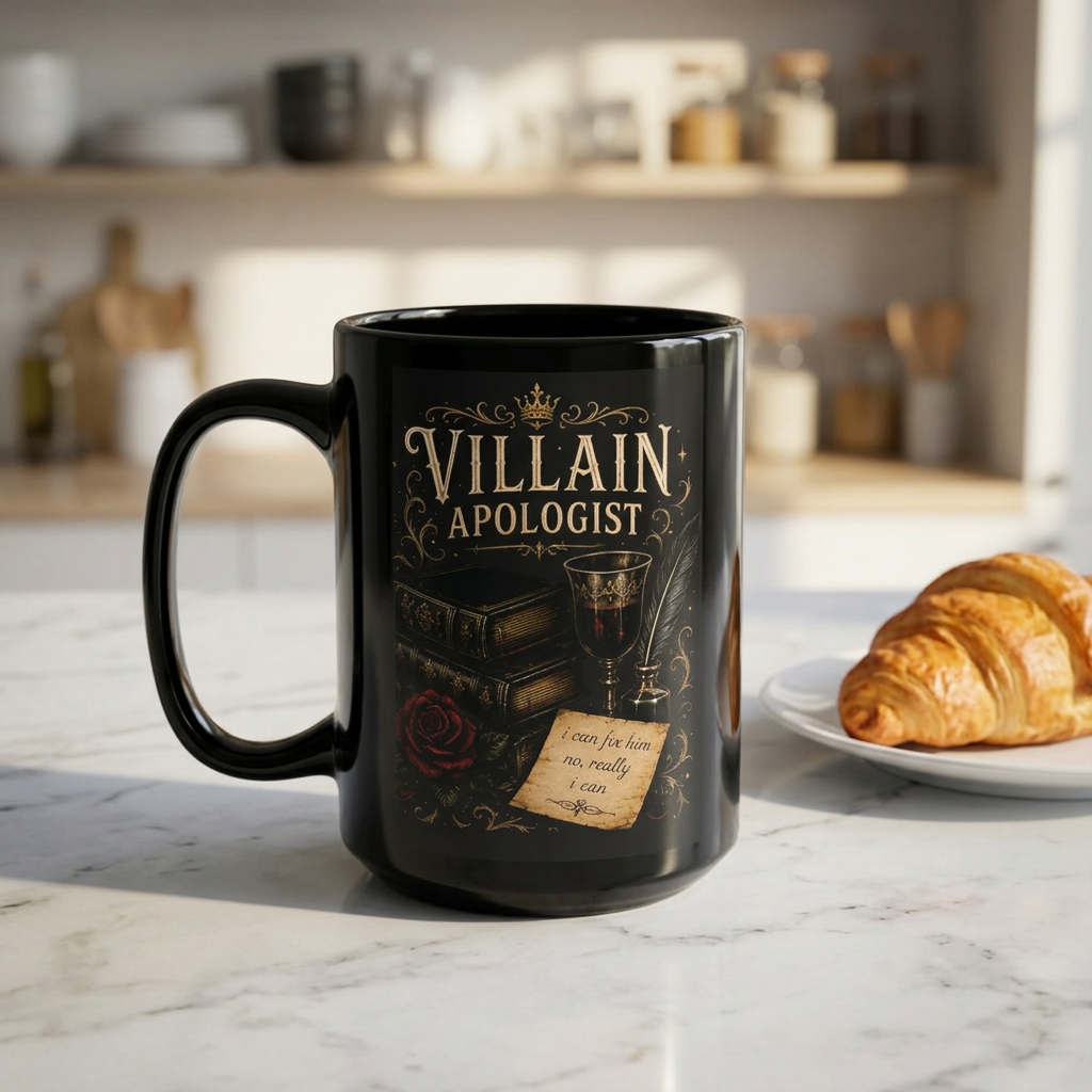 Villain Apologist 15oz Black Coffee Mug – Gothic Rose, Books & Wine Design