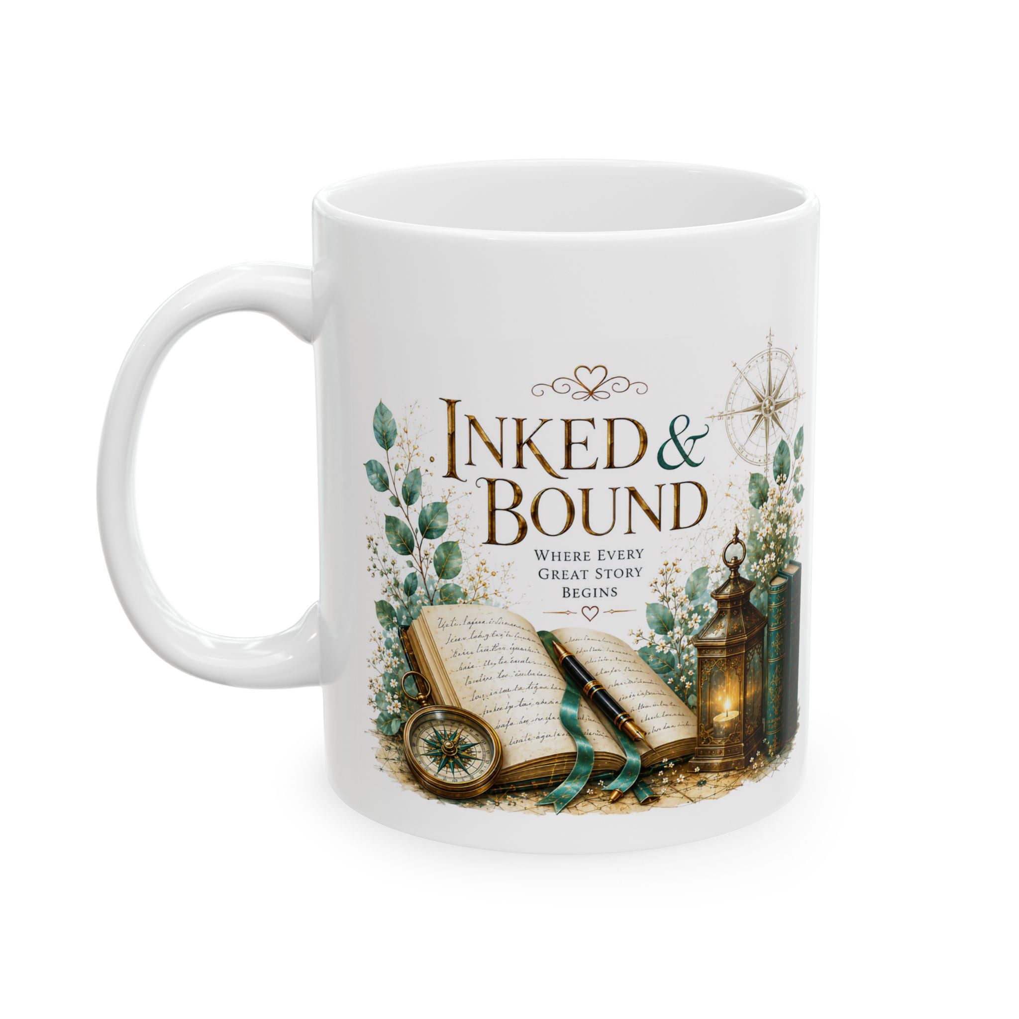 Bookish Ceramic Mug — "Ink & Bound" Vintage Library Coffee Cup (11oz/15oz)