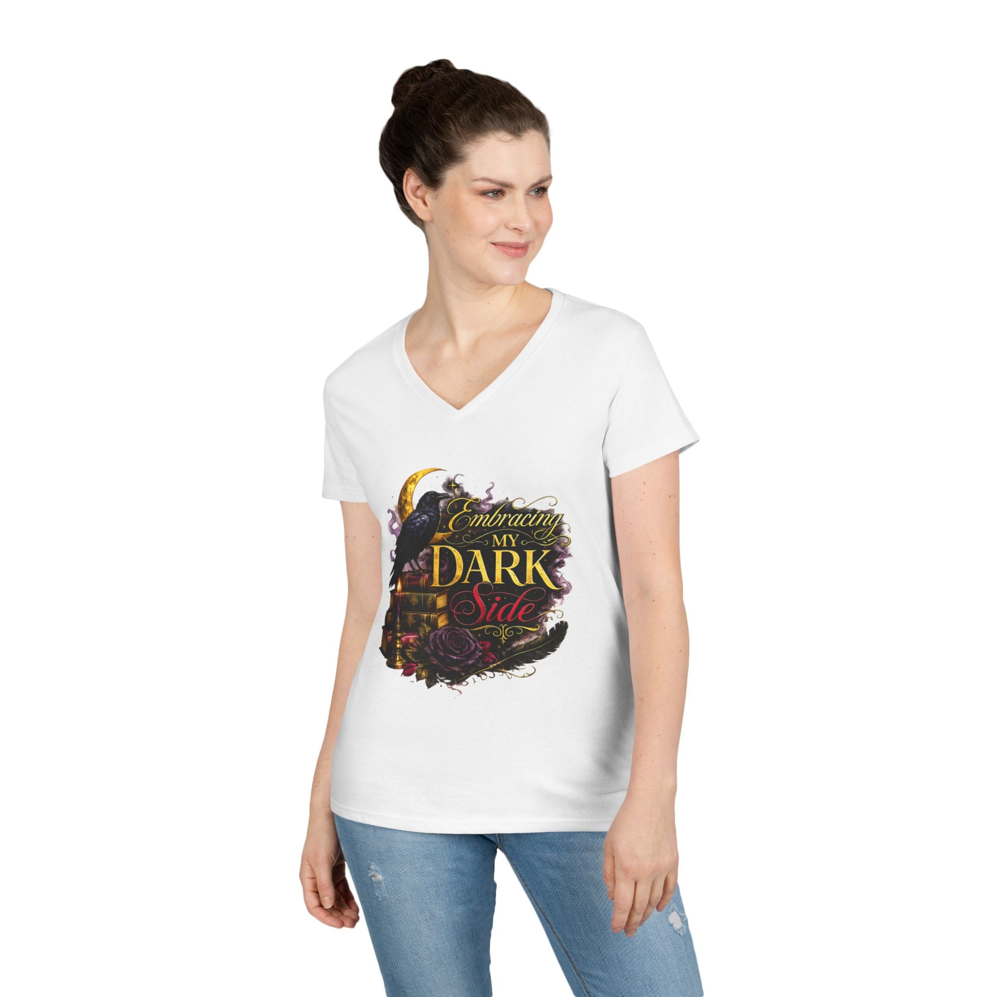 Embracing My Dark Side Ladies' V-Neck T-Shirt — Gothic Raven Moon Graphic Tee