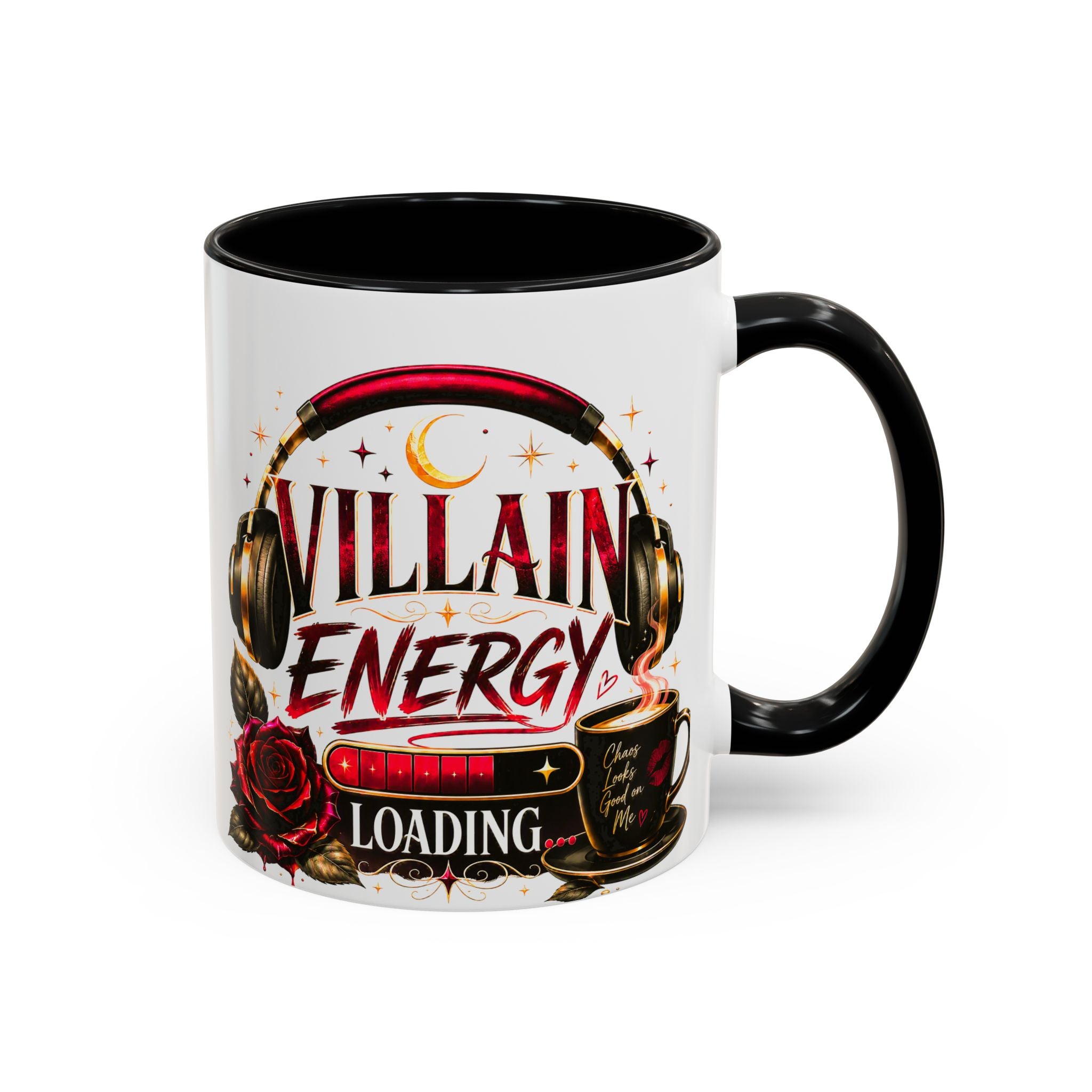 Villain Energy Accent Coffee Mug — 'Villain Energy Loading' Gothic Rose Coffee Cup (11/15 oz)