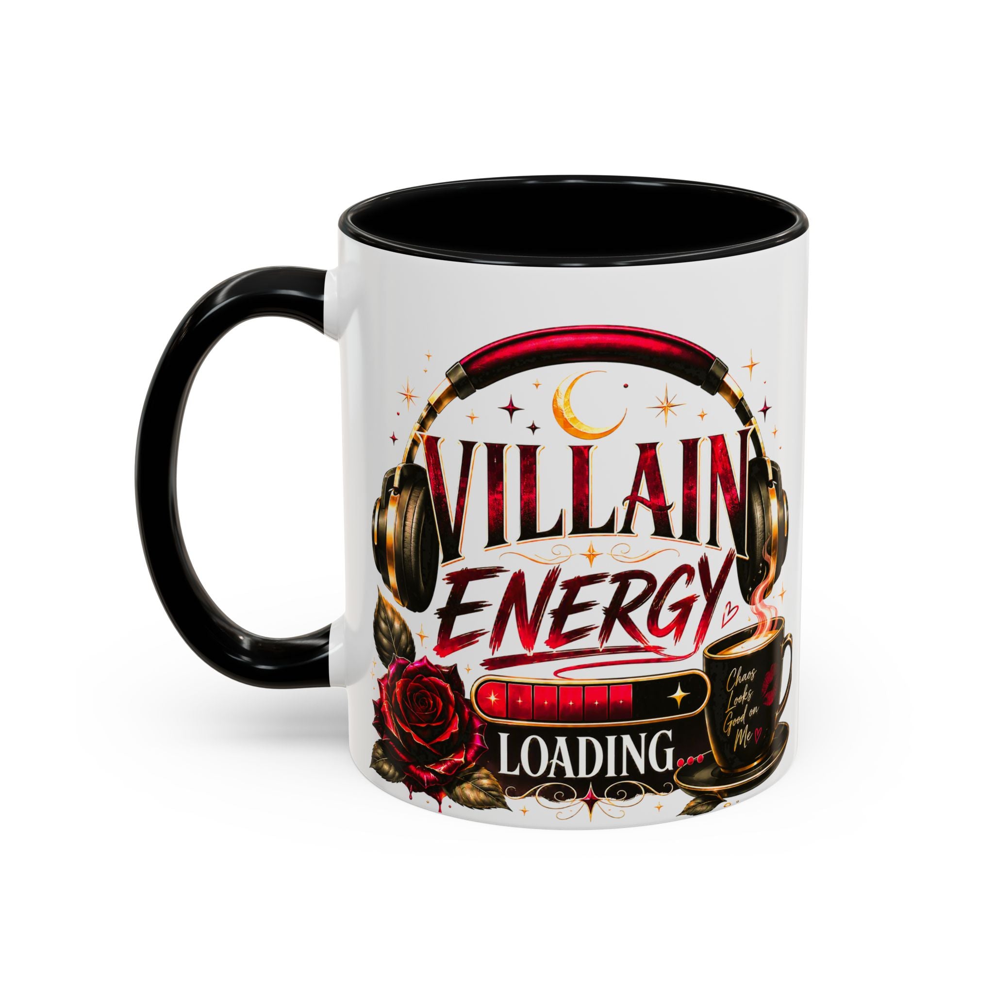Villain Energy Accent Coffee Mug — 'Villain Energy Loading' Gothic Rose Coffee Cup (11/15 oz)