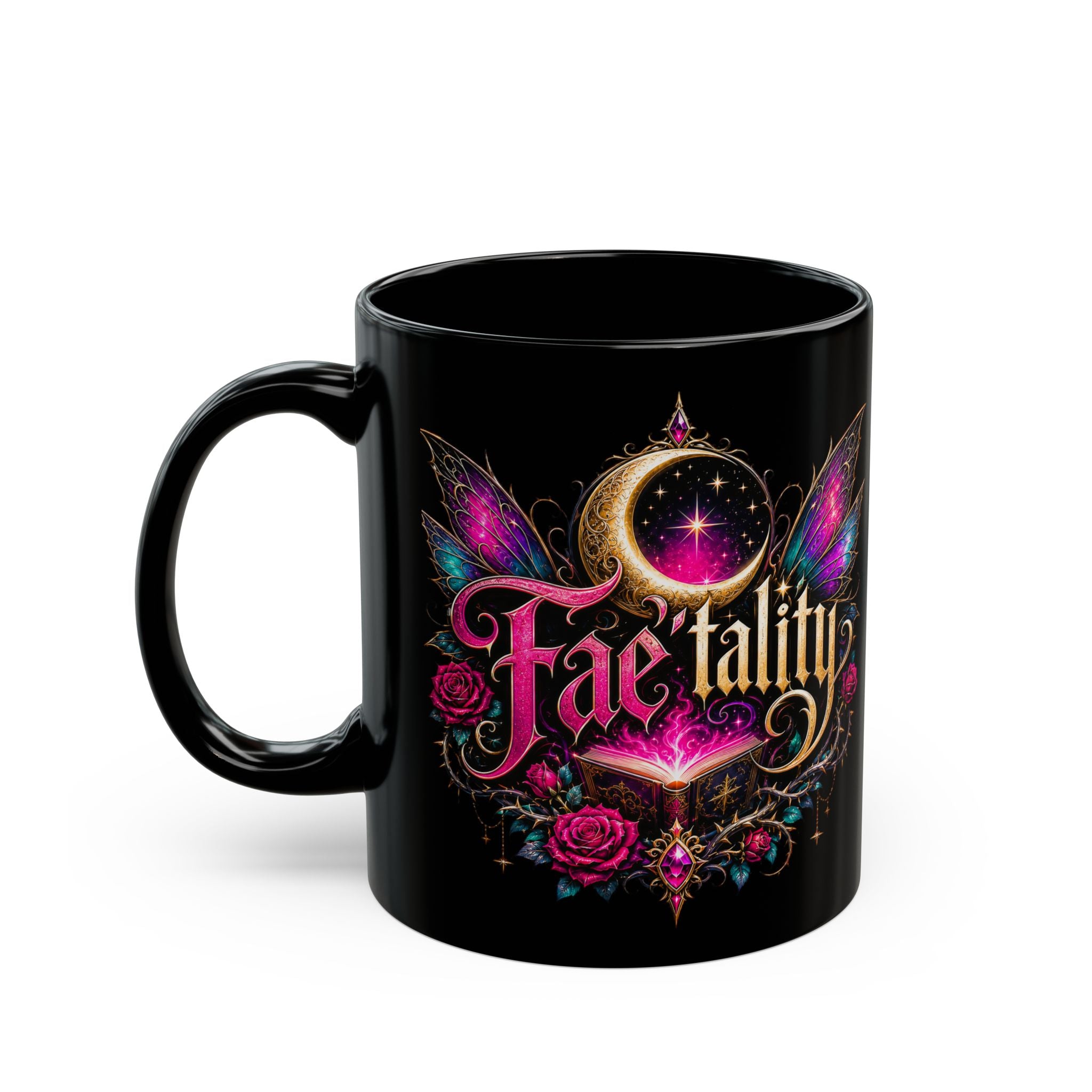 Faetality Black Mug — Gothic Moon & Fairy Wings 11/15oz