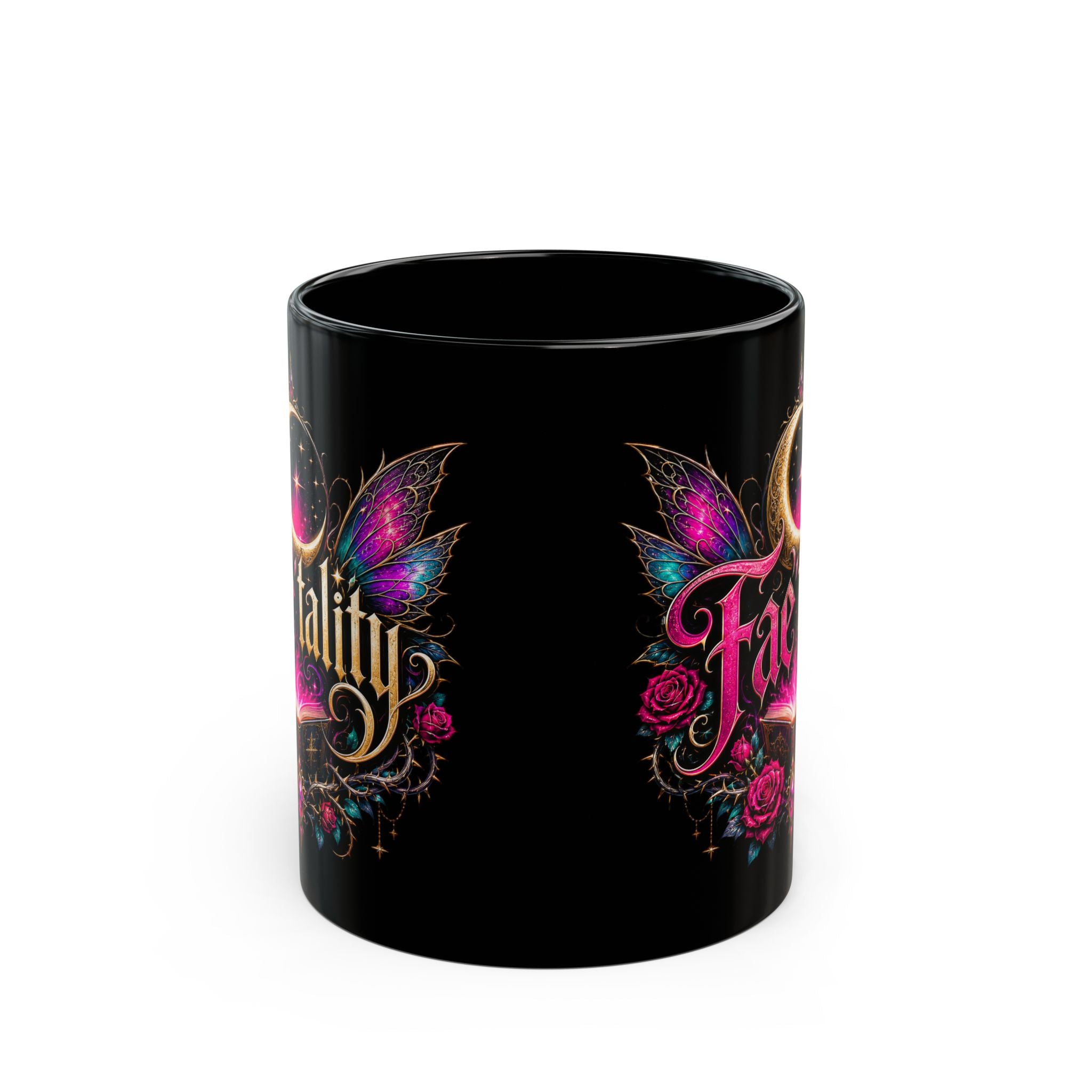 Faetality Black Mug — Gothic Moon & Fairy Wings 11/15oz