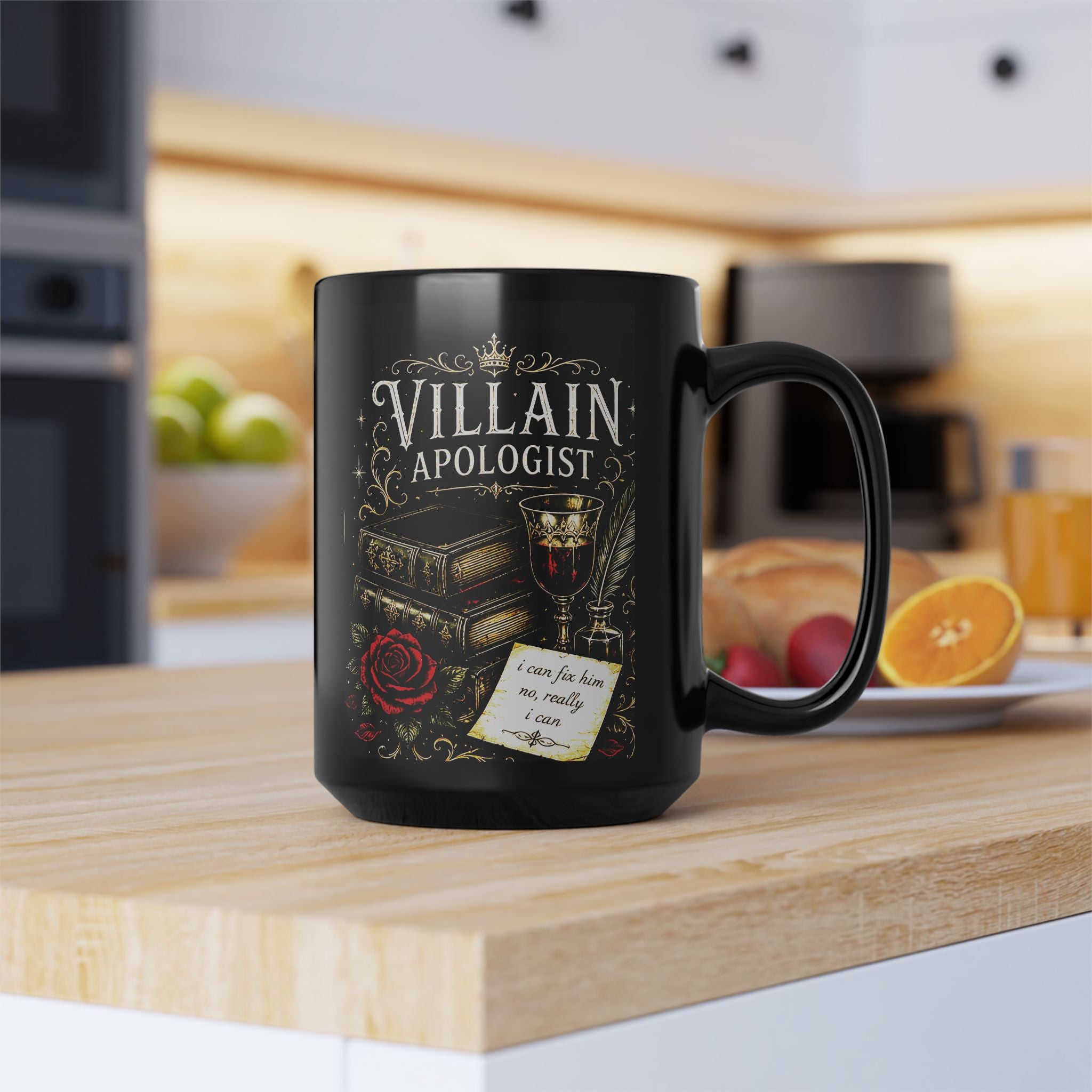 Villain Apologist 15oz Black Coffee Mug – Gothic Rose, Books & Wine Design