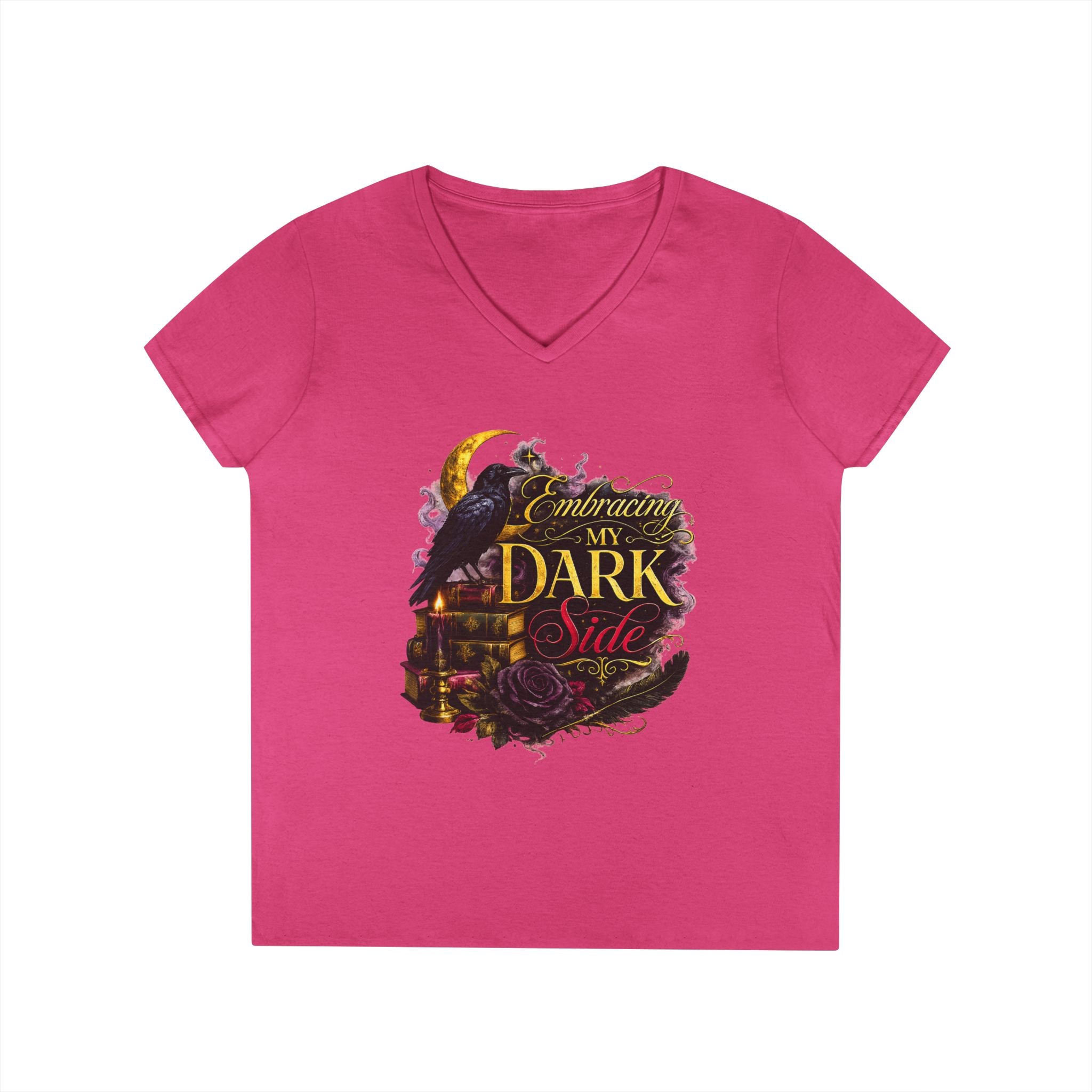 Embracing My Dark Side Ladies' V-Neck T-Shirt — Gothic Raven Moon Graphic Tee