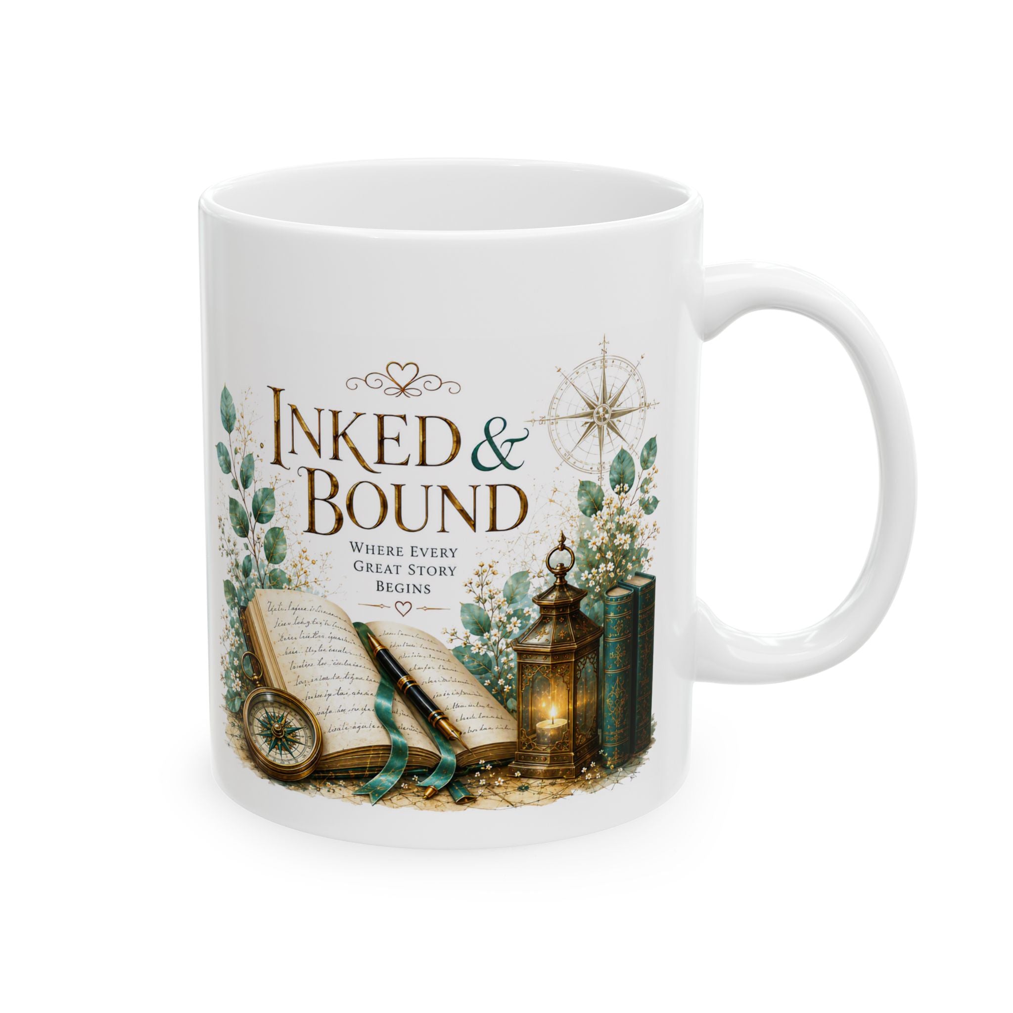 Bookish Ceramic Mug — "Ink & Bound" Vintage Library Coffee Cup (11oz/15oz)