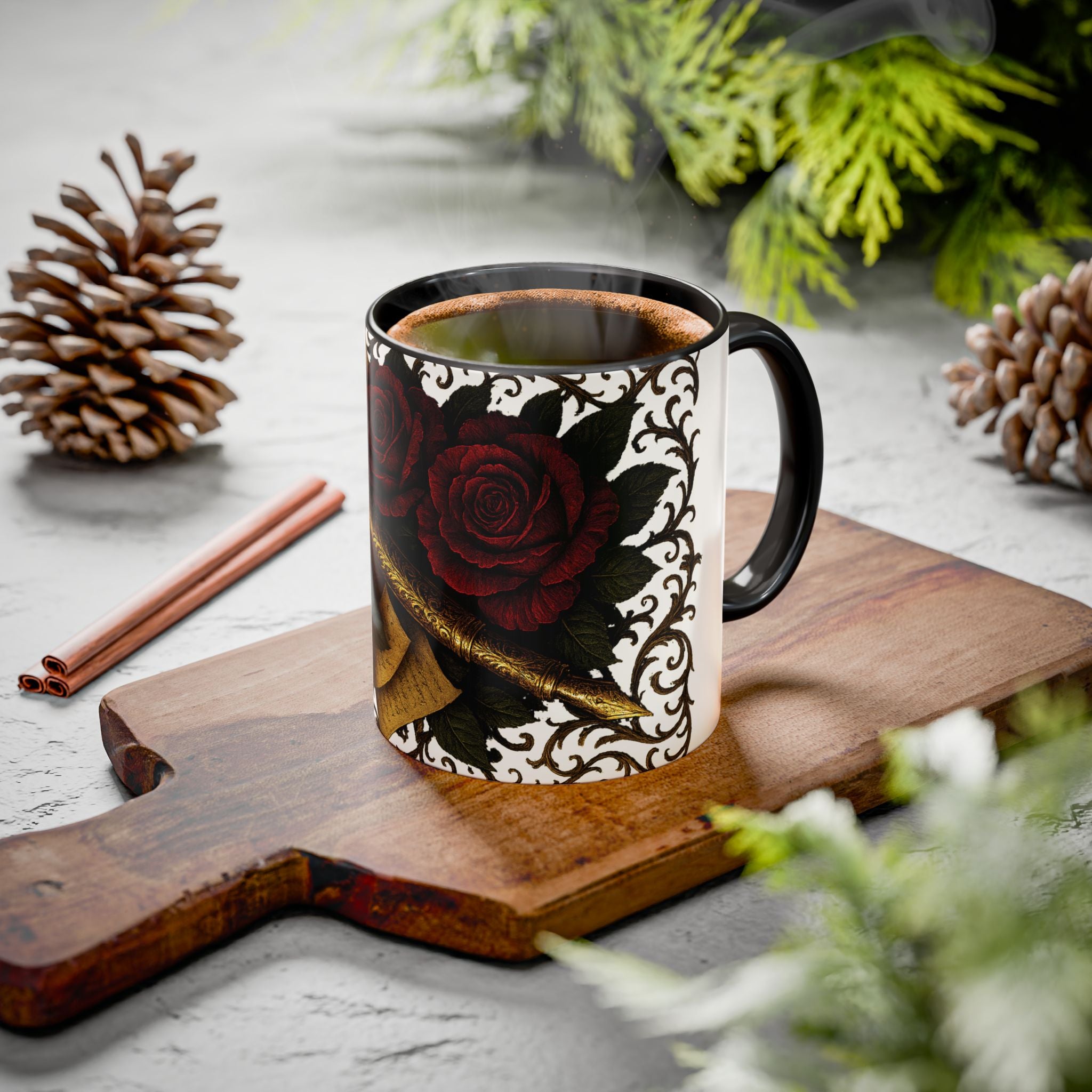 Red Rose & Quill Ceramic Mug — Gothic Floral Coffee Cup (11oz/15oz)