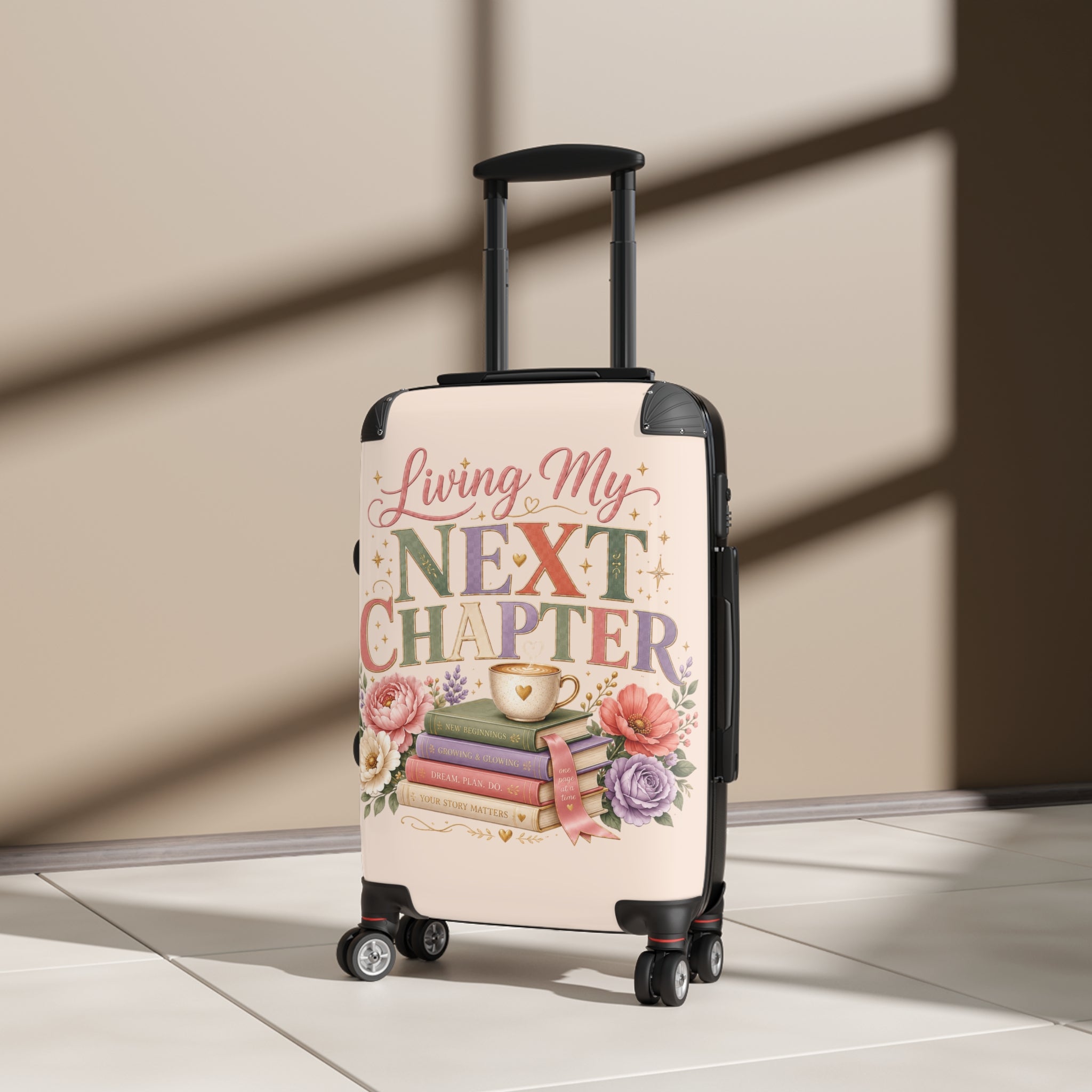 Suitcase — "Living My Next Chapter" Travel Carry-On with Floral Book Design
