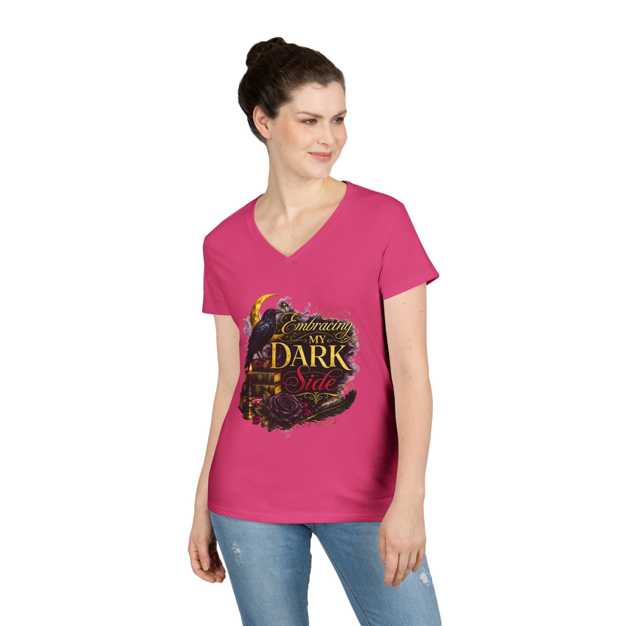 Embracing My Dark Side Ladies' V-Neck T-Shirt — Gothic Raven Moon Graphic Tee