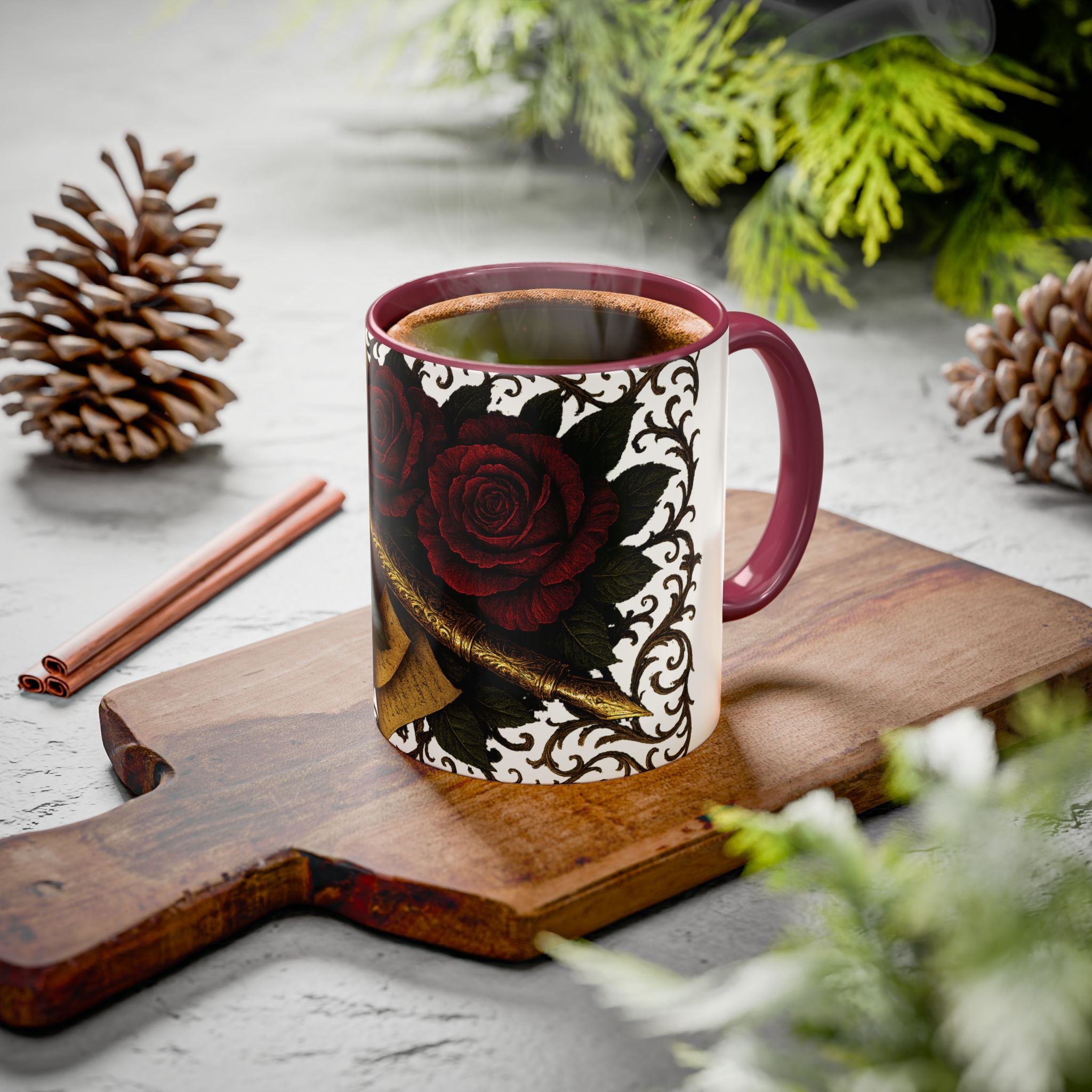 Red Rose & Quill Ceramic Mug — Gothic Floral Coffee Cup (11oz/15oz)